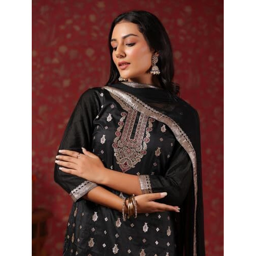 Ishin Women's Poly Silk Ethnic Motifs Foil Print Black Straight Kurta Suit Set With Trousers & Dupatta