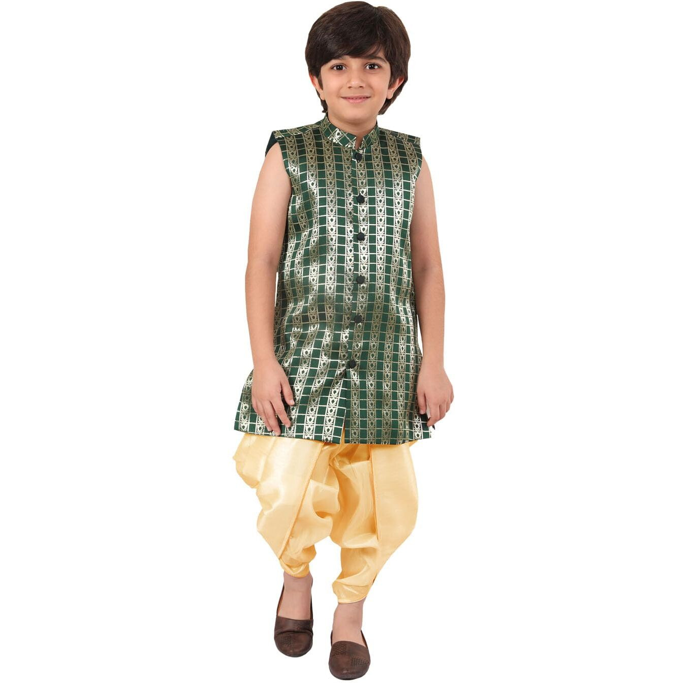 Jbn Creation Vastramay Infant Boys' Green Gold Silk Blend Kurta And Dhoti Set (Jbnbk217Gnnbrd001Go_28 6 7 Years)