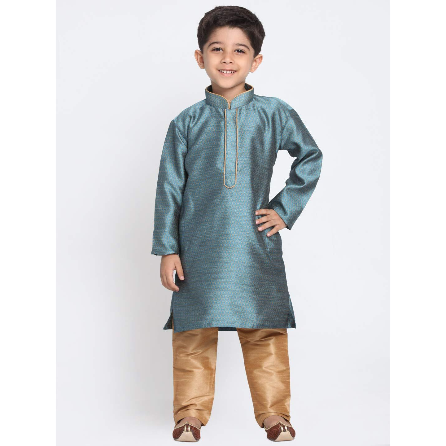 Jbn Creation Boys' Azure And Rose Gold Silk Blend Kurta And Pyjama Set_Vasbk047Aqnprg_22
