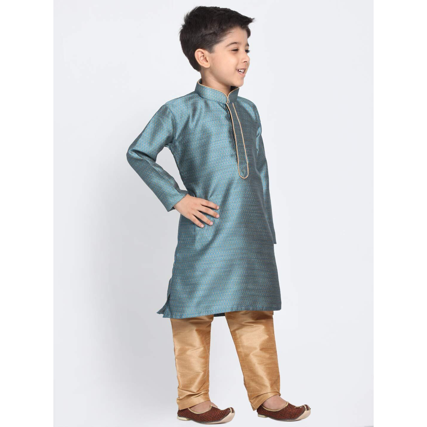 Jbn Creation Boys' Azure And Rose Gold Silk Blend Kurta And Pyjama Set_Vasbk047Aqnprg_22