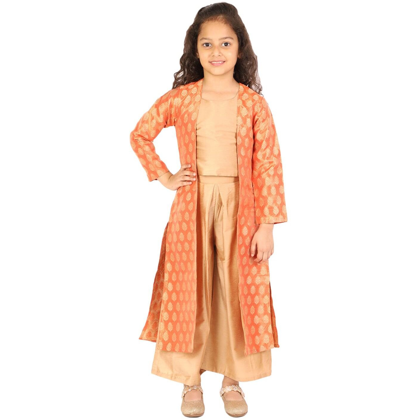 Jbn Creation Girls' Orange And Gold Brocade Cotton Silk Crop Top, Pallazo And Shrug Set_Jbngco001Or_4-5Y