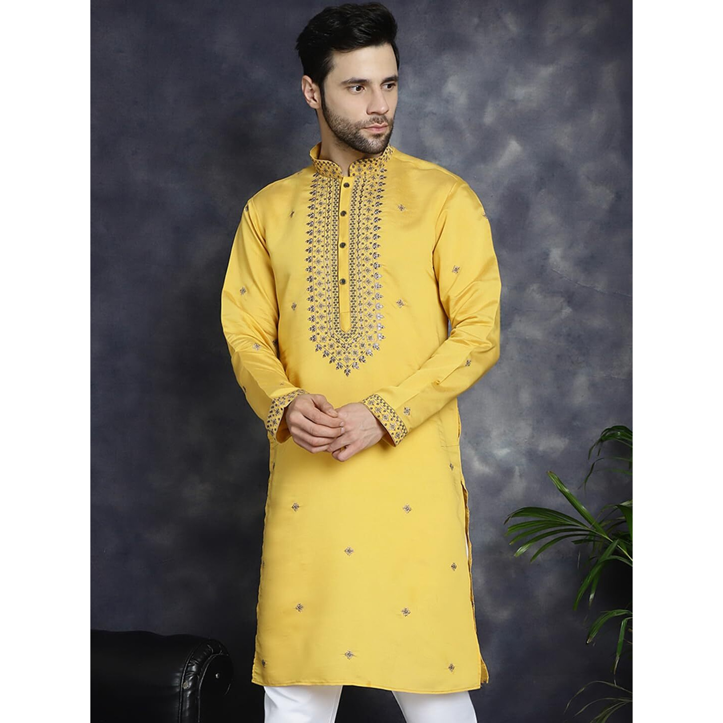 Jompers Men's Yellow Sequin Embroidered Kurtas (Yellow, S)