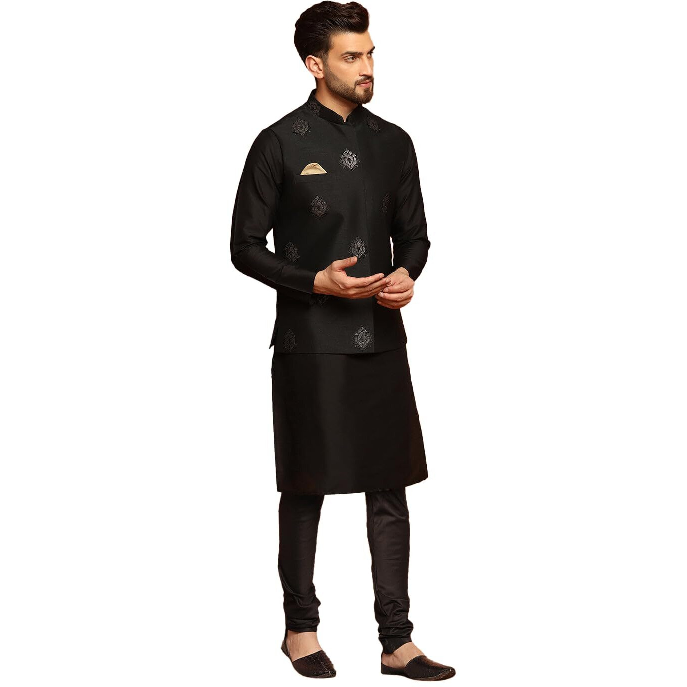 Kisah Mens Jacquard Silk Blend Kurta Jacket Churidar Set  Traditional Ethnic Wear For Men For Weddings & Festivals, Black, 40