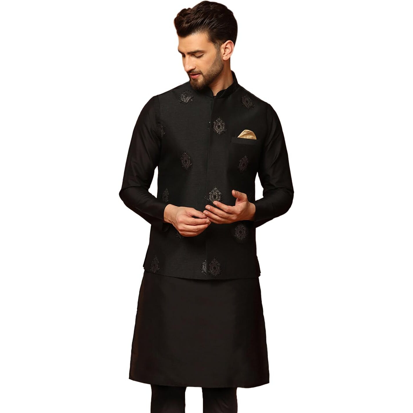 Kisah Mens Jacquard Silk Blend Kurta Jacket Churidar Set  Traditional Ethnic Wear For Men For Weddings & Festivals, Black, 40