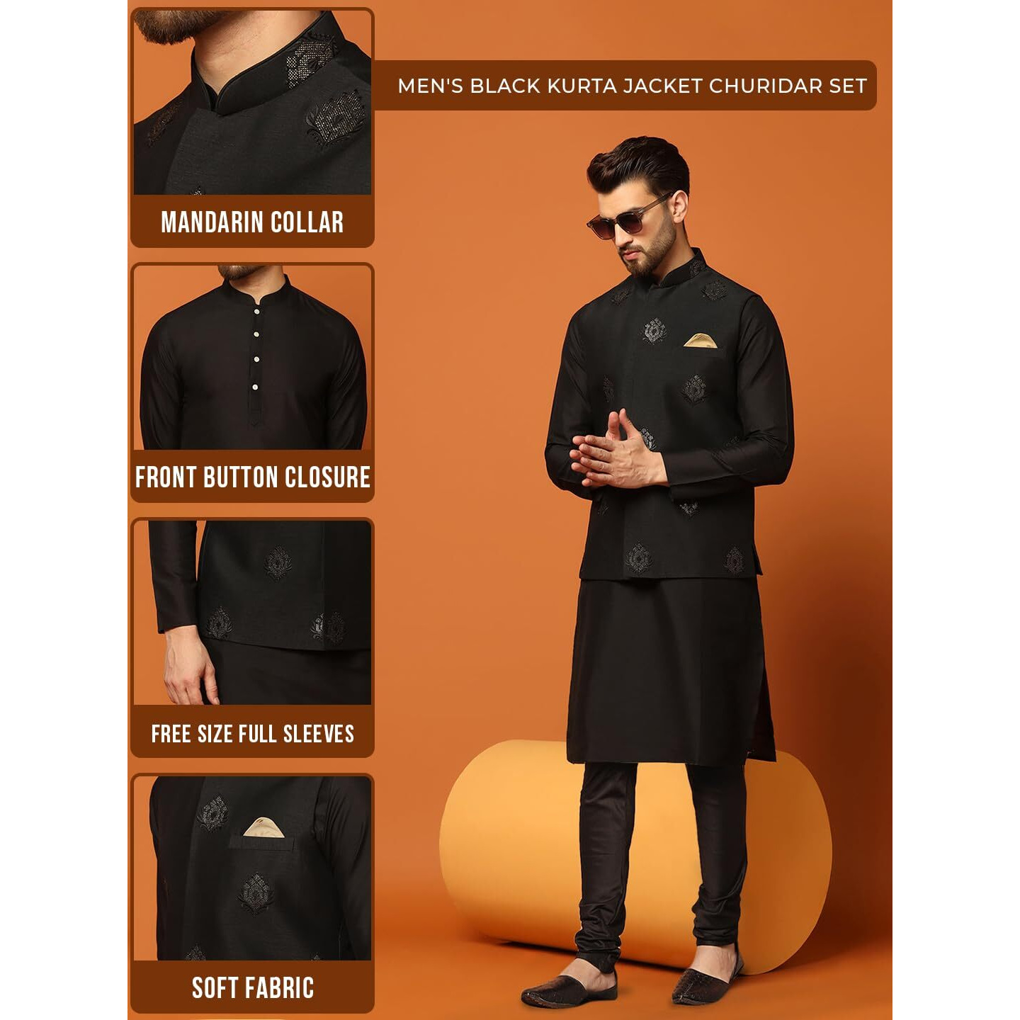 Kisah Mens Jacquard Silk Blend Kurta Jacket Churidar Set  Traditional Ethnic Wear For Men For Weddings & Festivals, Black, 40