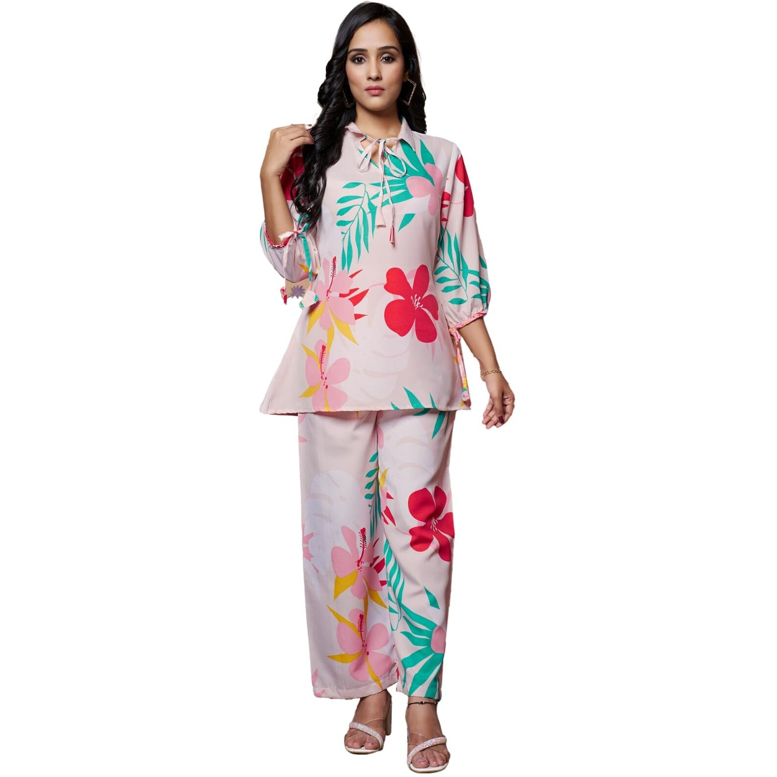 Leriya Fashion Women Ethnic Kurta Set | Rayon Co-Ord Set | Fancy Pajama Set | Pack Of 2 | Floral Printed Top & Pant Set | Full Pair Set | A-Line Kurta Set For Women (Small, Beige) Lf-K-W1847&Tr904