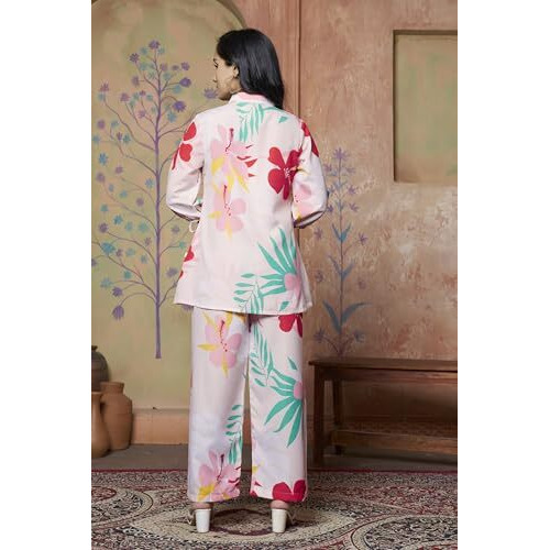 Leriya Fashion Women Ethnic Kurta Set | Rayon Co-Ord Set | Fancy Pajama Set | Pack Of 2 | Floral Printed Top & Pant Set | Full Pair Set | A-Line Kurta Set For Women (Small, Beige) Lf-K-W1847&Tr904