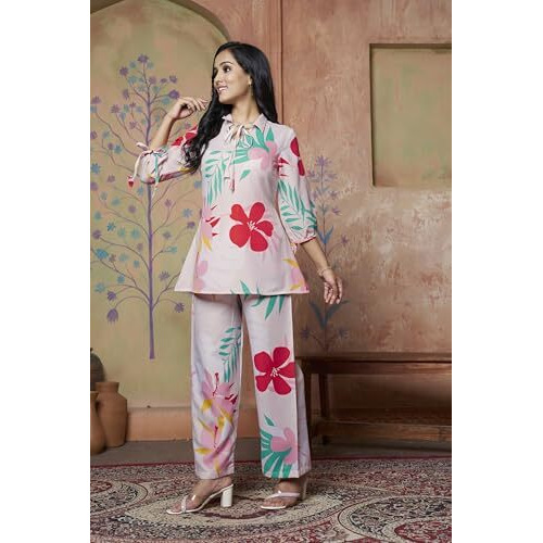 Leriya Fashion Women Ethnic Kurta Set | Rayon Co-Ord Set | Fancy Pajama Set | Pack Of 2 | Floral Printed Top & Pant Set | Full Pair Set | A-Line Kurta Set For Women (Small, Beige) Lf-K-W1847&Tr904