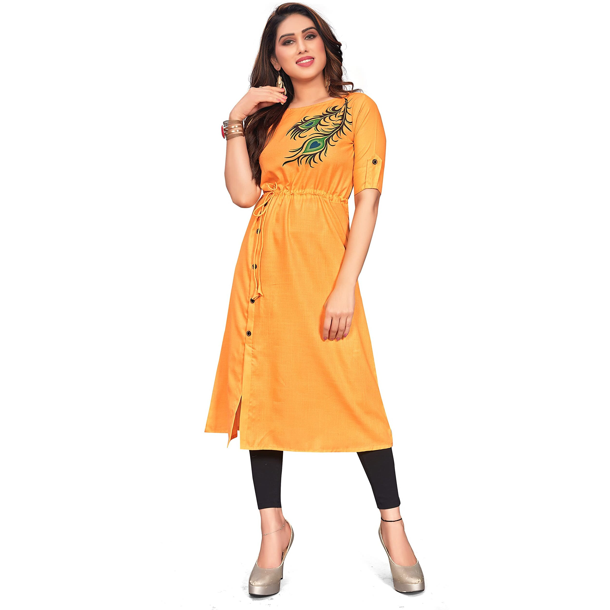Leriya Fashion Designer Slub Cotton Fully Stitched Half-Sleeve Anarklai Kurti For Women & Girls (Xxx-Large, Yellow)