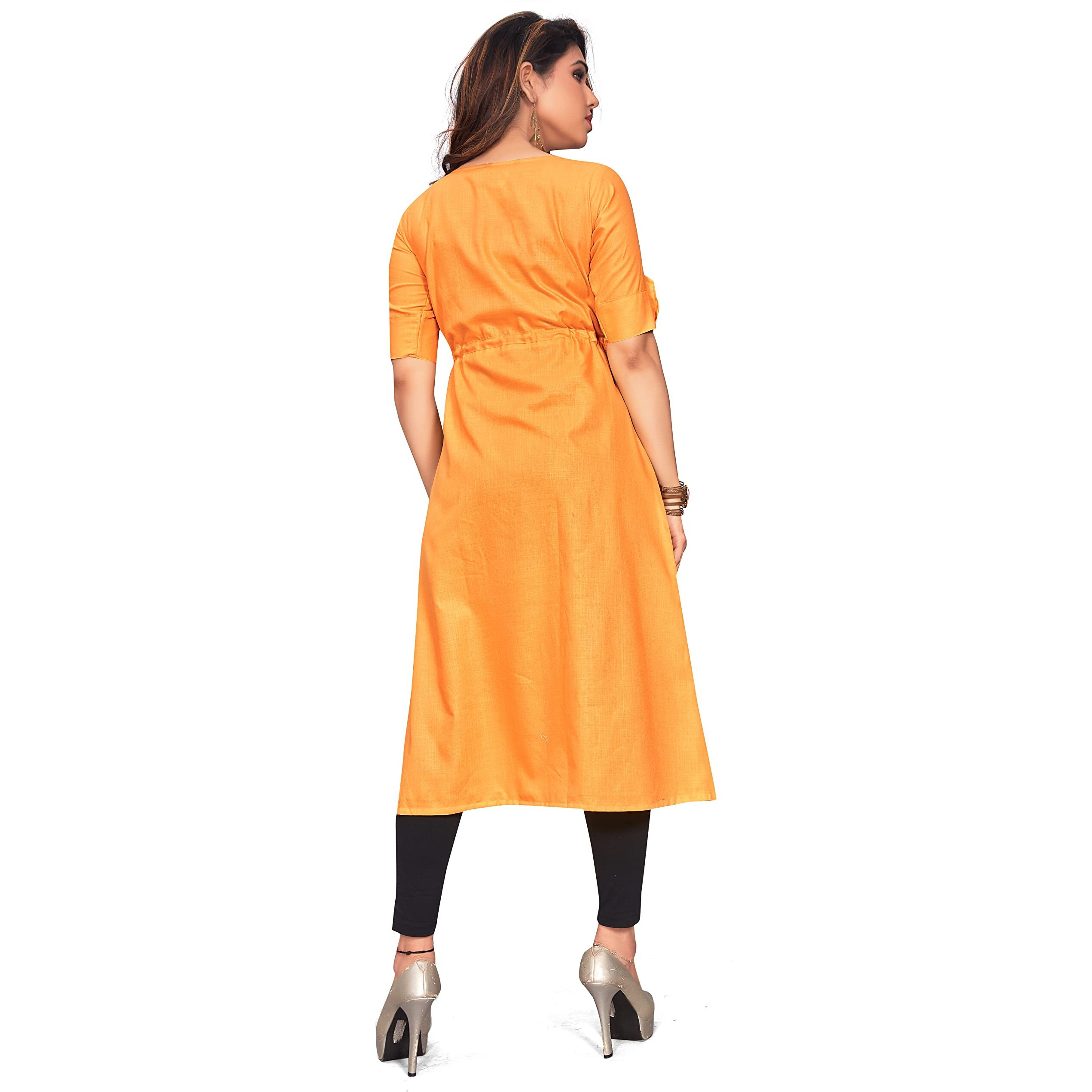 Leriya Fashion Designer Slub Cotton Fully Stitched Half-Sleeve Anarklai Kurti For Women & Girls (Xxx-Large, Yellow)
