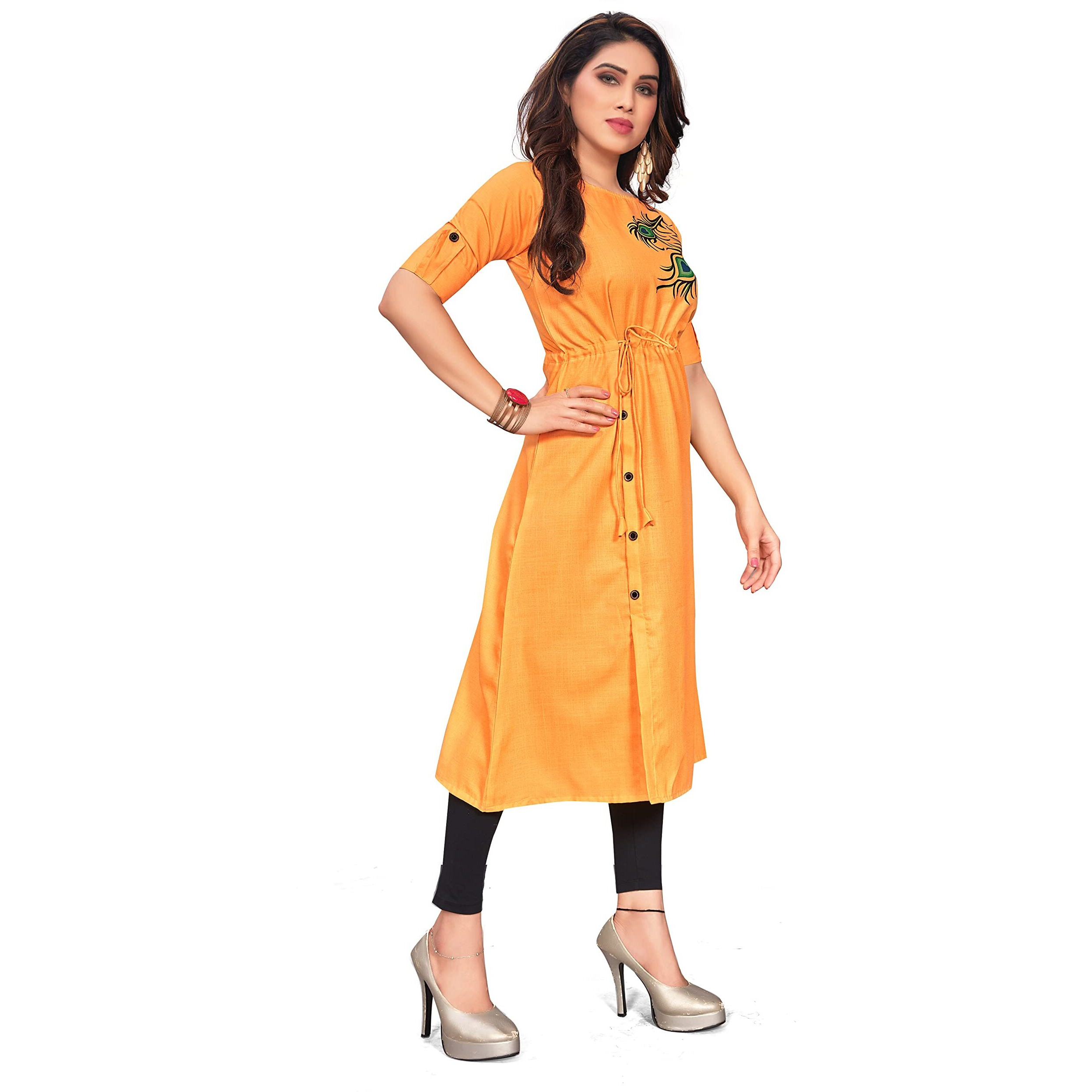 Leriya Fashion Designer Slub Cotton Fully Stitched Half-Sleeve Anarklai Kurti For Women & Girls (Xxx-Large, Yellow)