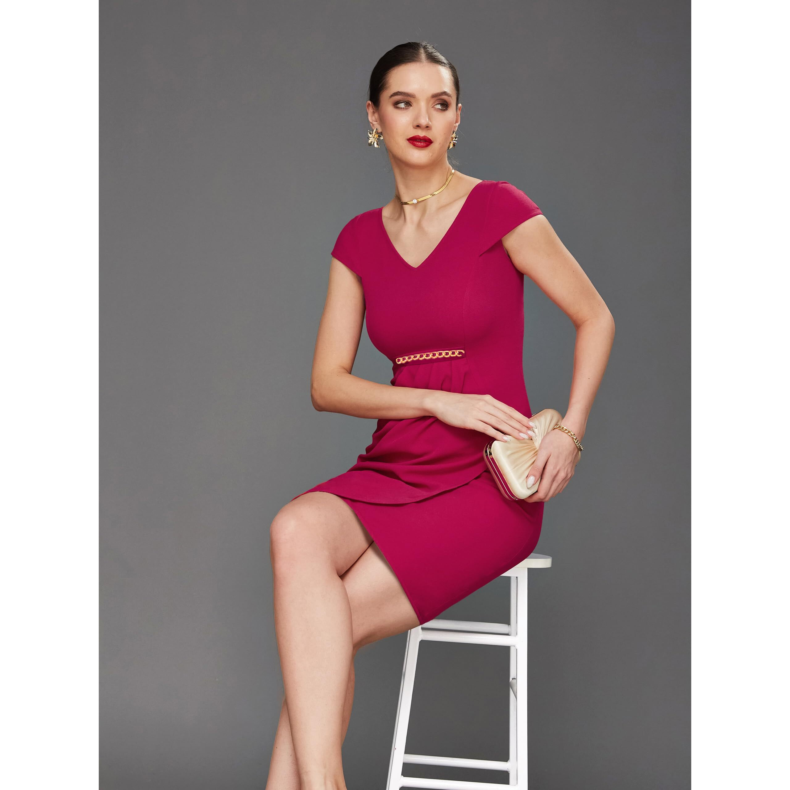 Miss Chase Women's Solid V-Neck Cap Sleeves Polyester Side Pocketed Knee Long Dress (Plus (Mcss22D16-20-122-04, Pink, M)