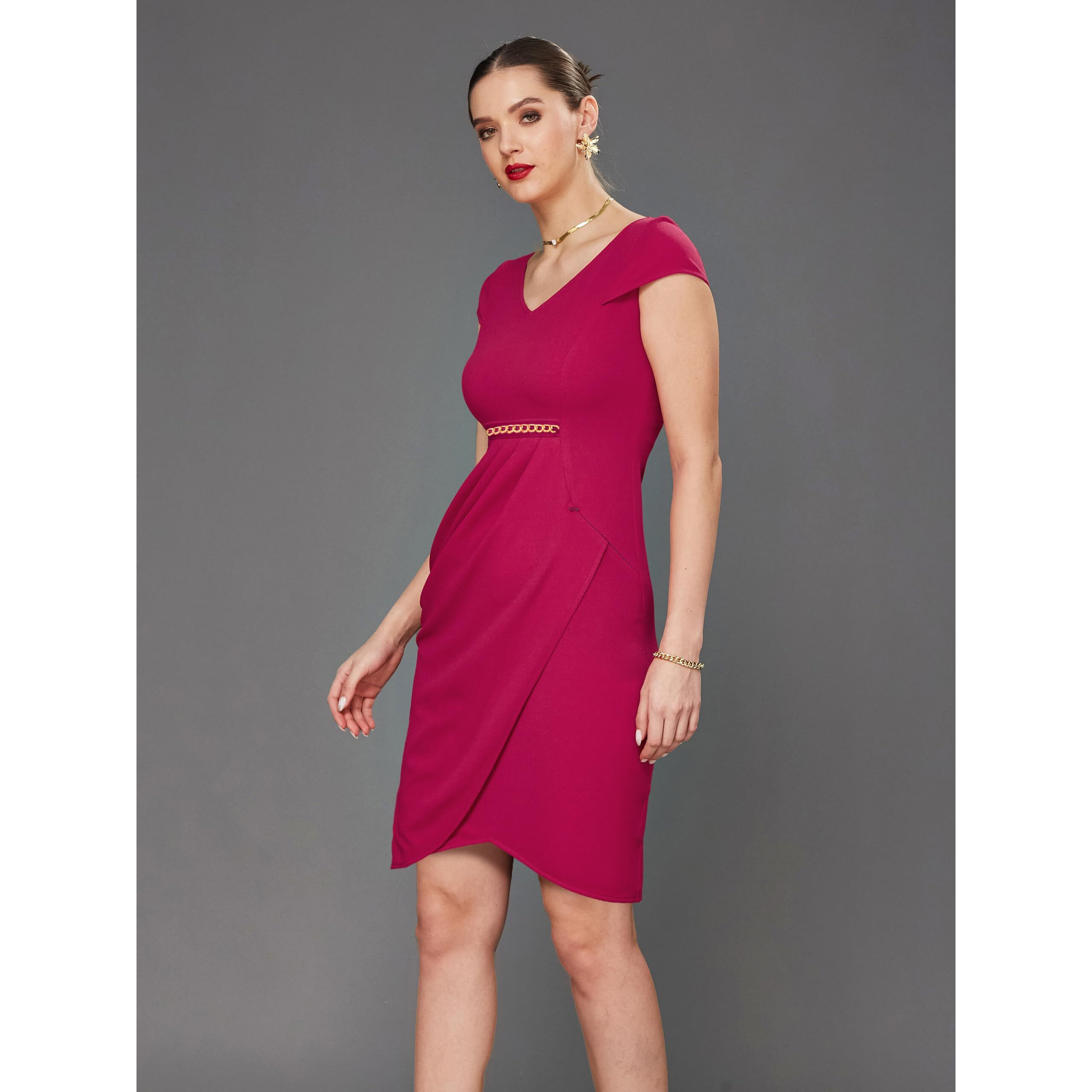 Miss Chase Women's Solid V-Neck Cap Sleeves Polyester Side Pocketed Knee Long Dress (Plus (Mcss22D16-20-122-04, Pink, M)