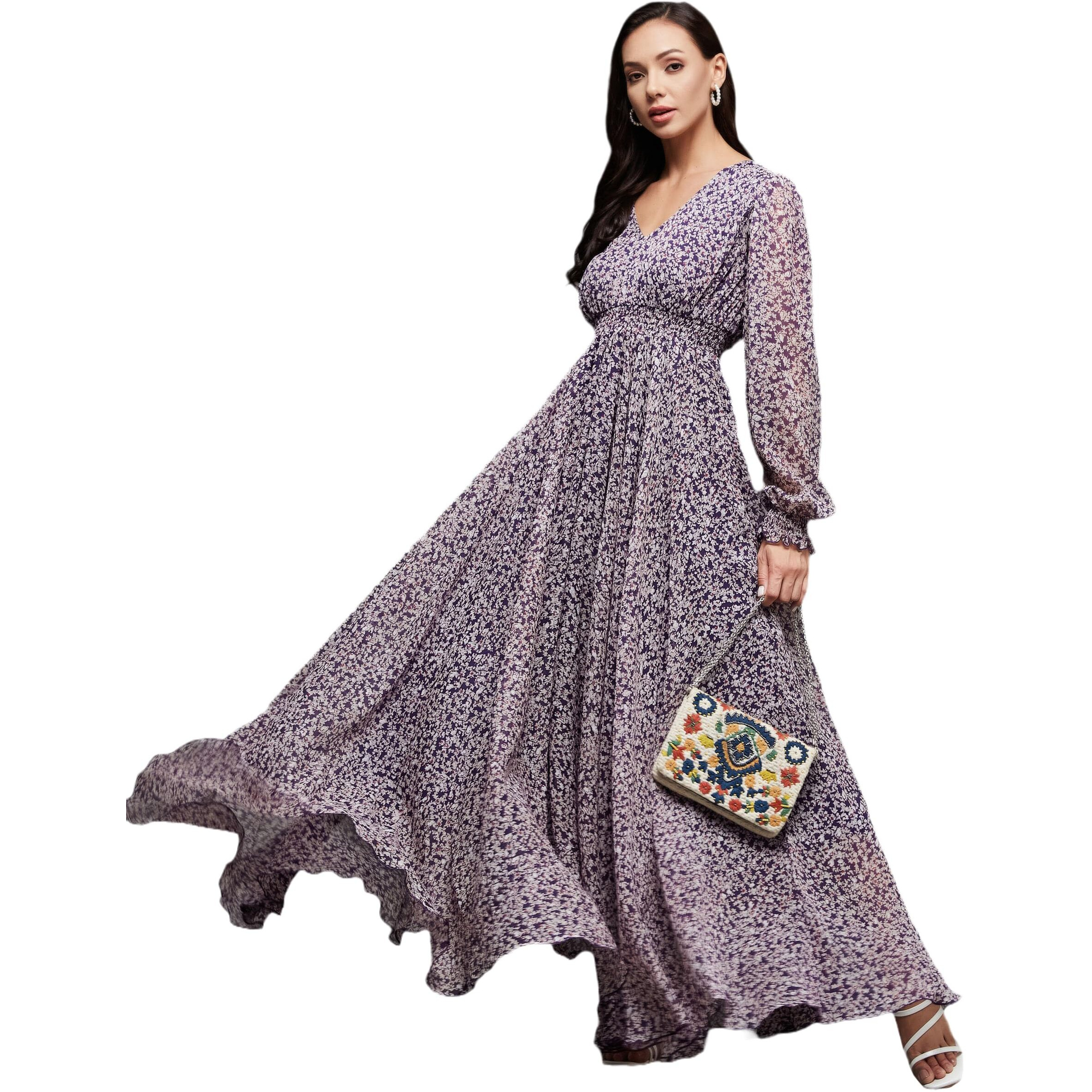 Miss Chase Women's V-Neck Bishop Sleeve Floral Gathered Chiffon Maxi Dress (Mcss23D06-65-190-08, Multicolored-Base-Purple, Xxxl)