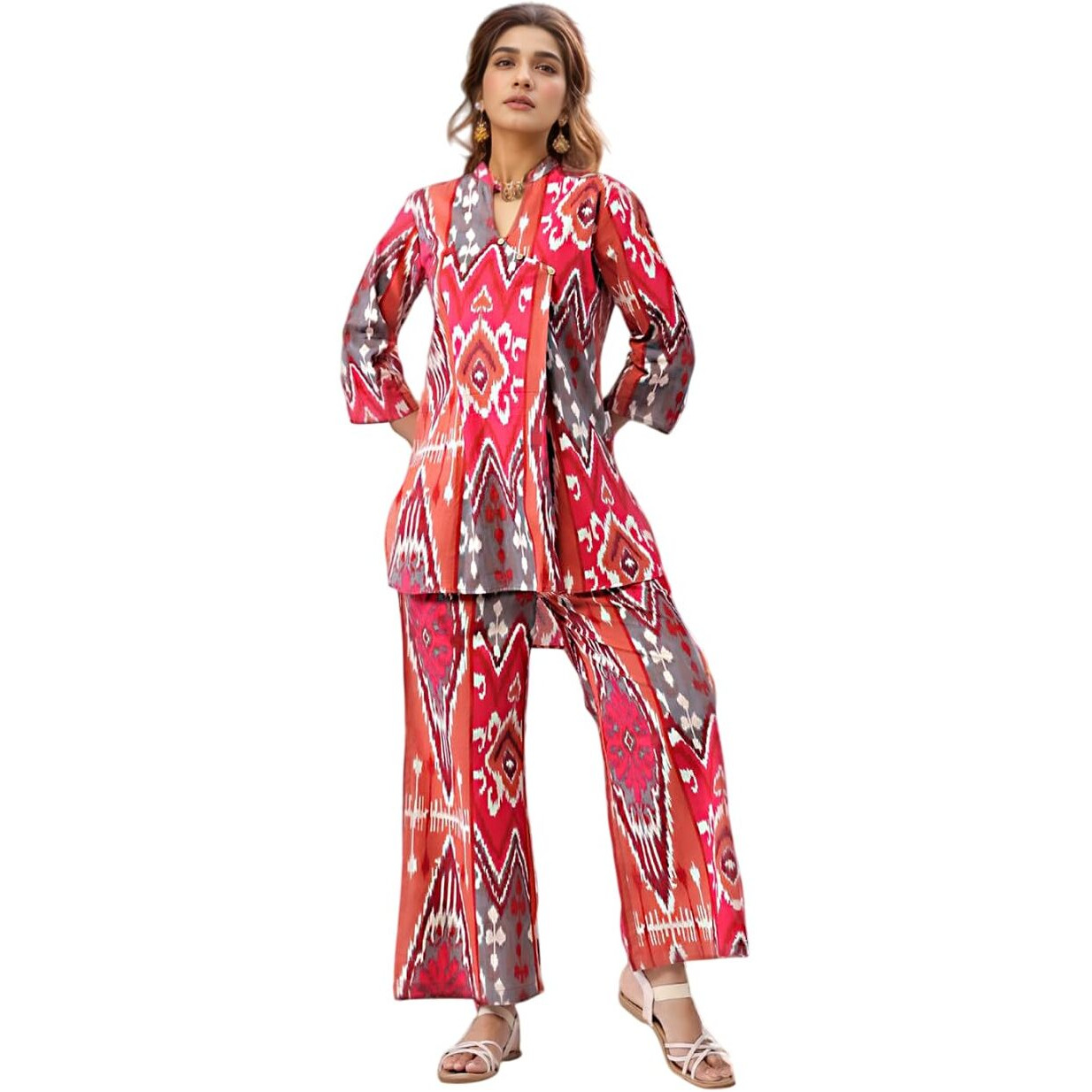 Nainvish Women's Deep Pink Printed Straight Rayon Blend V-Neck Co-Ord Set (Sd723_Kb-S_Deep Pink)