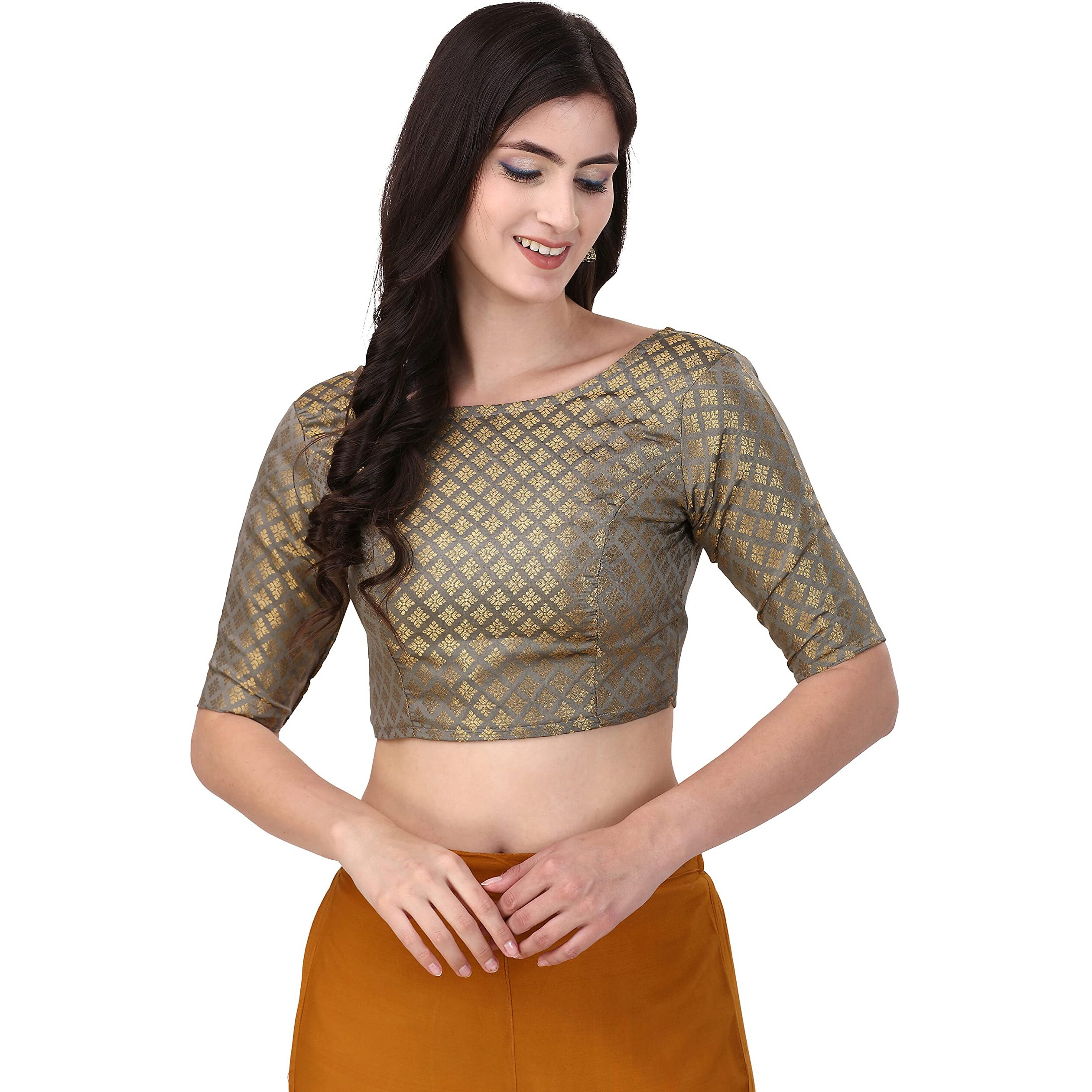 Oomph Women's Indian Ethnic Wear Designer Sequence Floral Pattern Zari Work Boat Neck Half Sleeve Grey Color Jacquard Readymade Blouse For Saree Or Lehnga And Fusion Twist. S