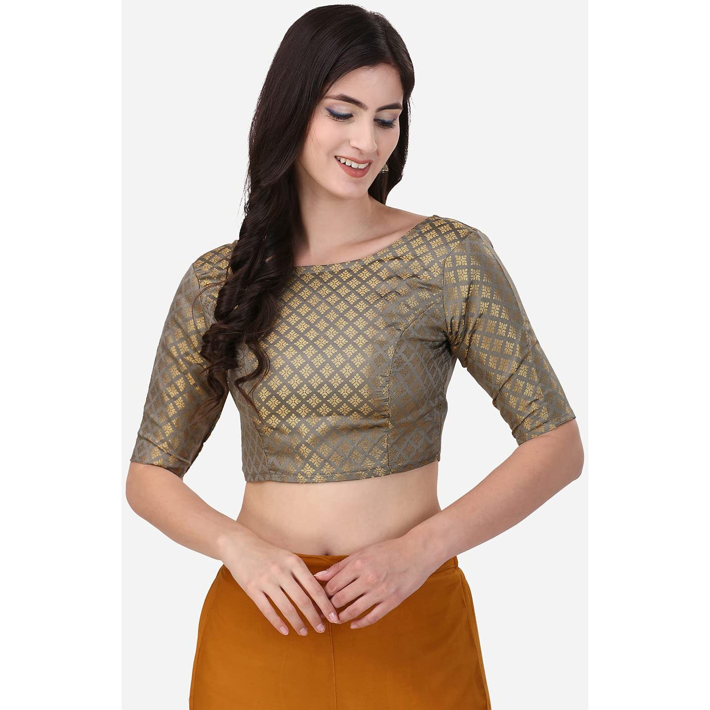 Oomph Women's Indian Ethnic Wear Designer Sequence Floral Pattern Zari Work Boat Neck Half Sleeve Grey Color Jacquard Readymade Blouse For Saree Or Lehnga And Fusion Twist. S