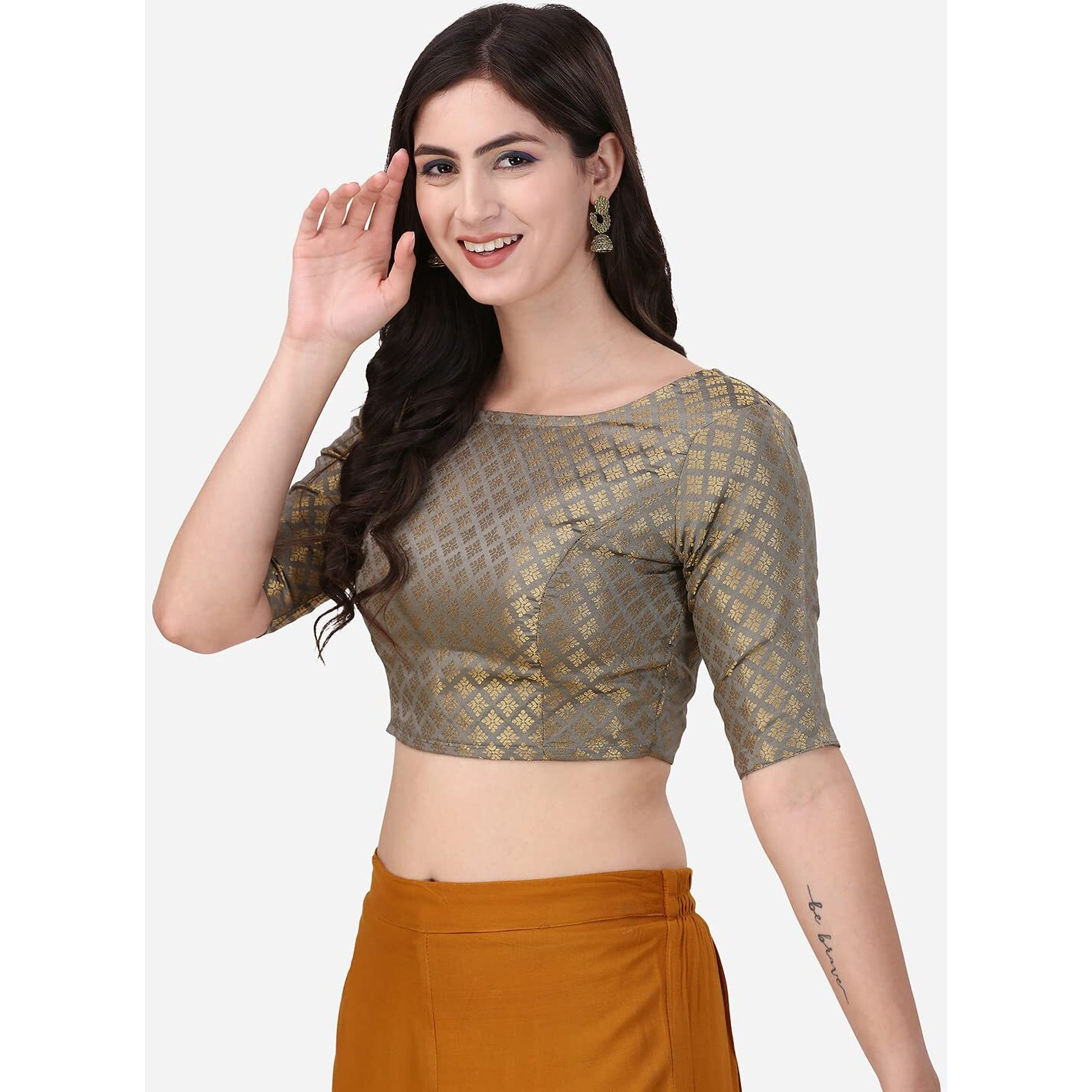Oomph Women's Indian Ethnic Wear Designer Sequence Floral Pattern Zari Work Boat Neck Half Sleeve Grey Color Jacquard Readymade Blouse For Saree Or Lehnga And Fusion Twist. S