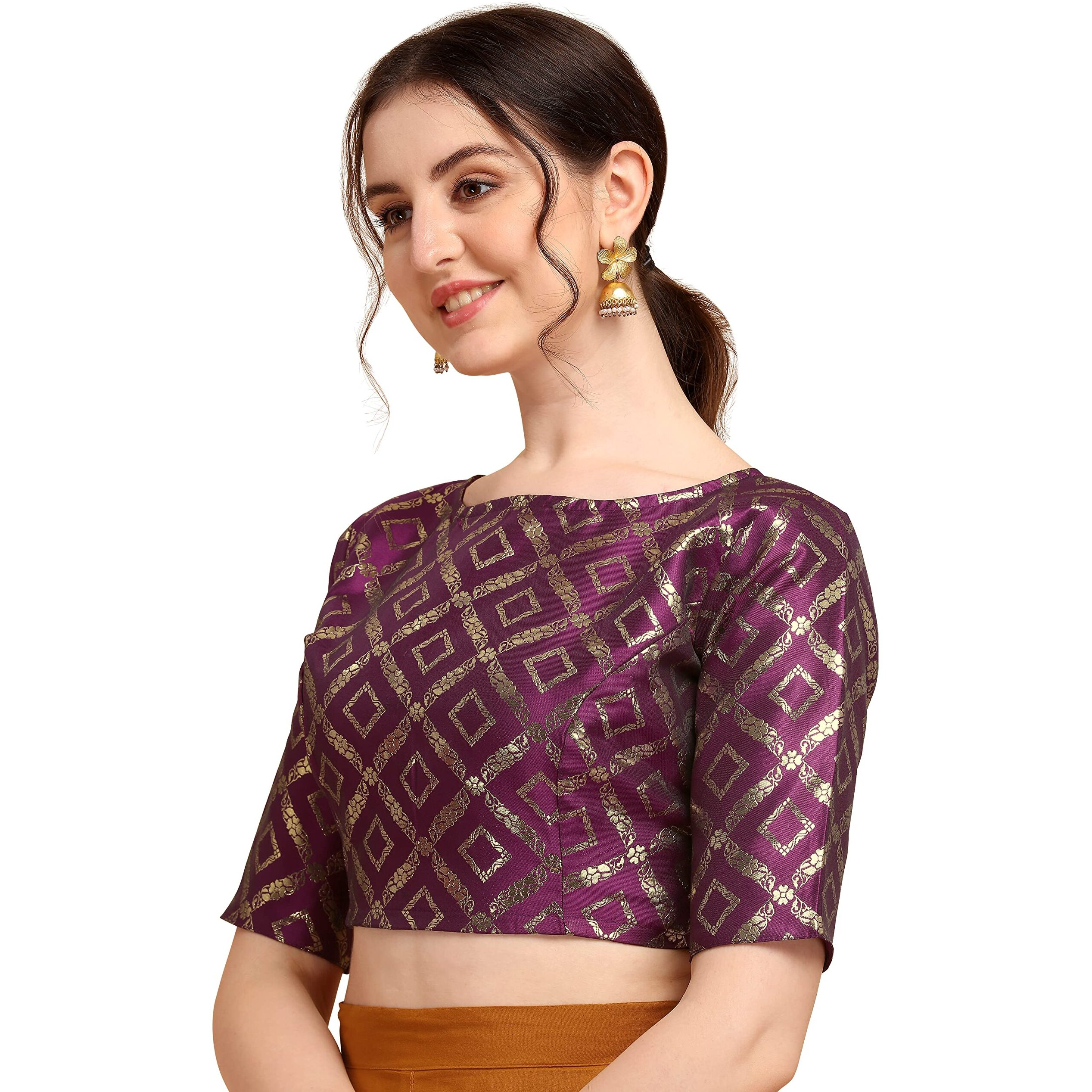 Oomph Women's Indian Ethnic Wear Designer Purple Color Geomatric Pattern Zari Work Boat Neck Half Sleeve Readymade Blouse For Saree And Lehnga And Palazzos Or Skirts For A Fusion Twist.
