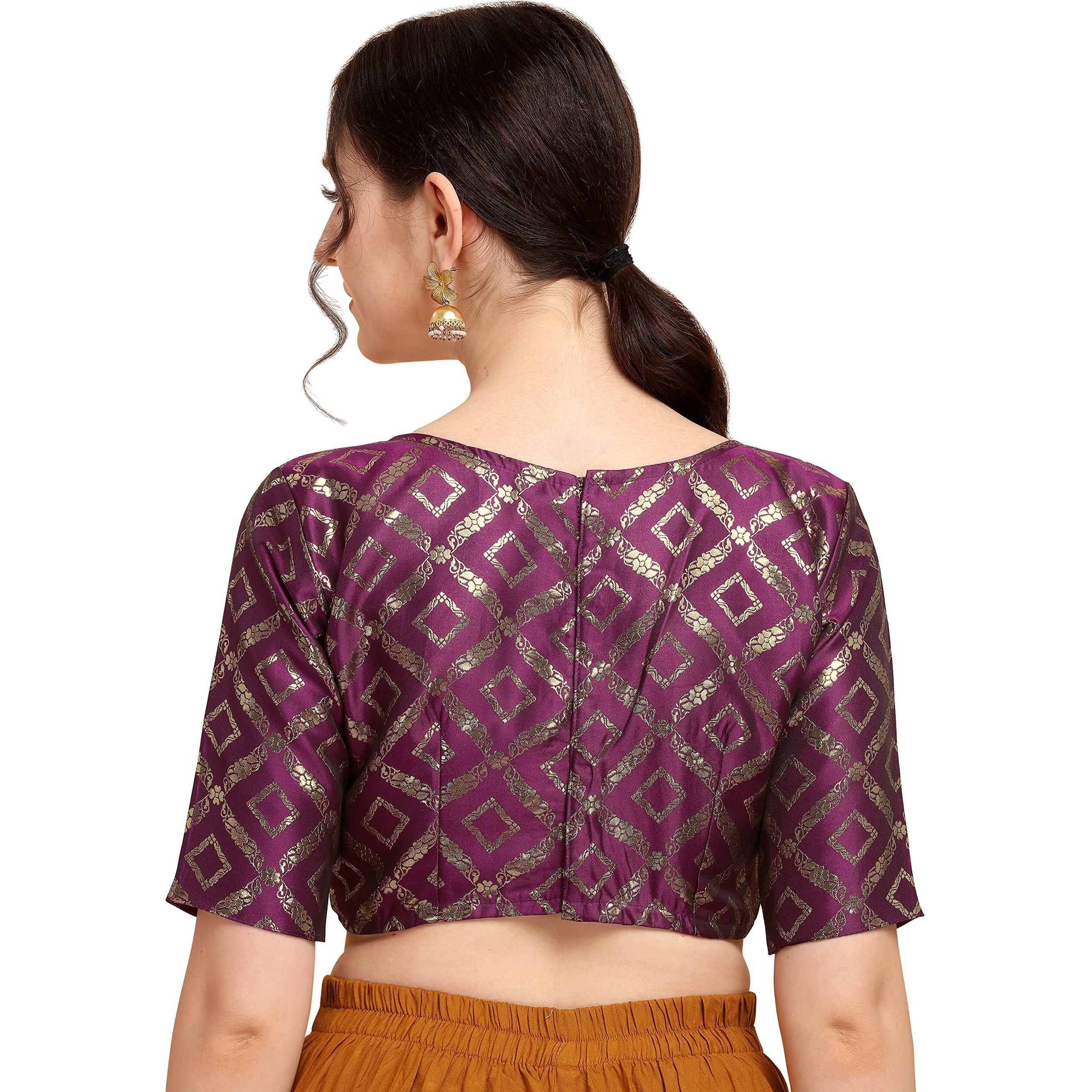 Oomph Women's Indian Ethnic Wear Designer Purple Color Geomatric Pattern Zari Work Boat Neck Half Sleeve Readymade Blouse For Saree And Lehnga And Palazzos Or Skirts For A Fusion Twist.