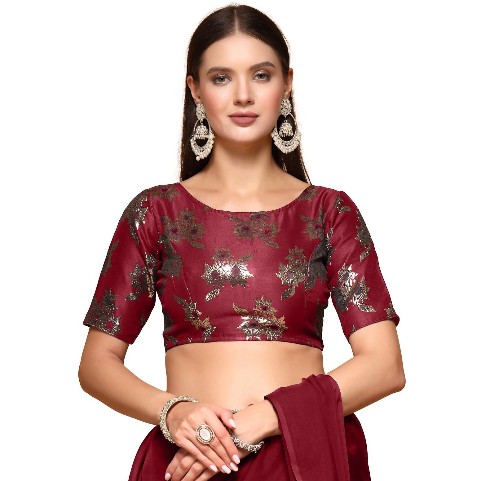 Oomph Women's Indian Ethnic Wear Designer Floral Pattern Zari Work Boat Neck Half Sleeve Maroon Color Brocade Readymade Blouse For Saree Or Lehnga And Fusion Twist. M