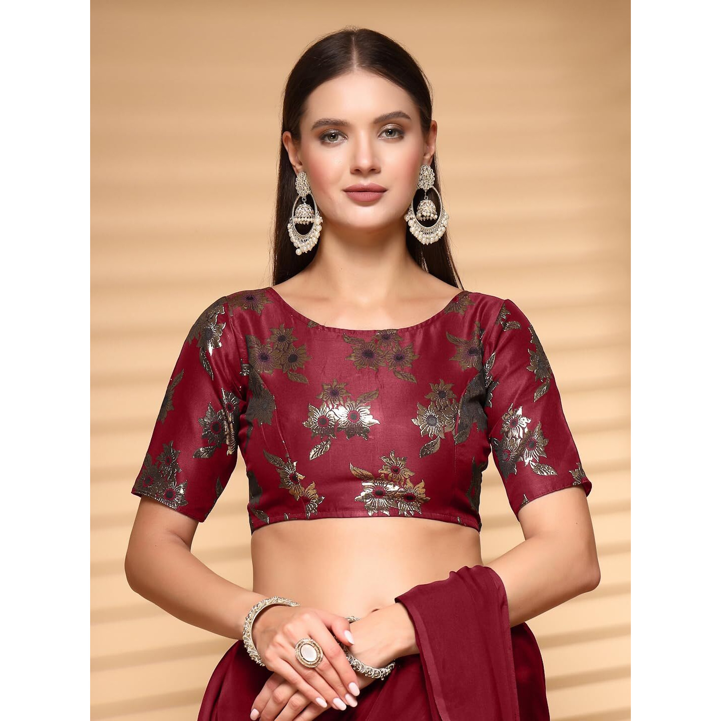 Oomph Women's Indian Ethnic Wear Designer Floral Pattern Zari Work Boat Neck Half Sleeve Maroon Color Brocade Readymade Blouse For Saree Or Lehnga And Fusion Twist. M
