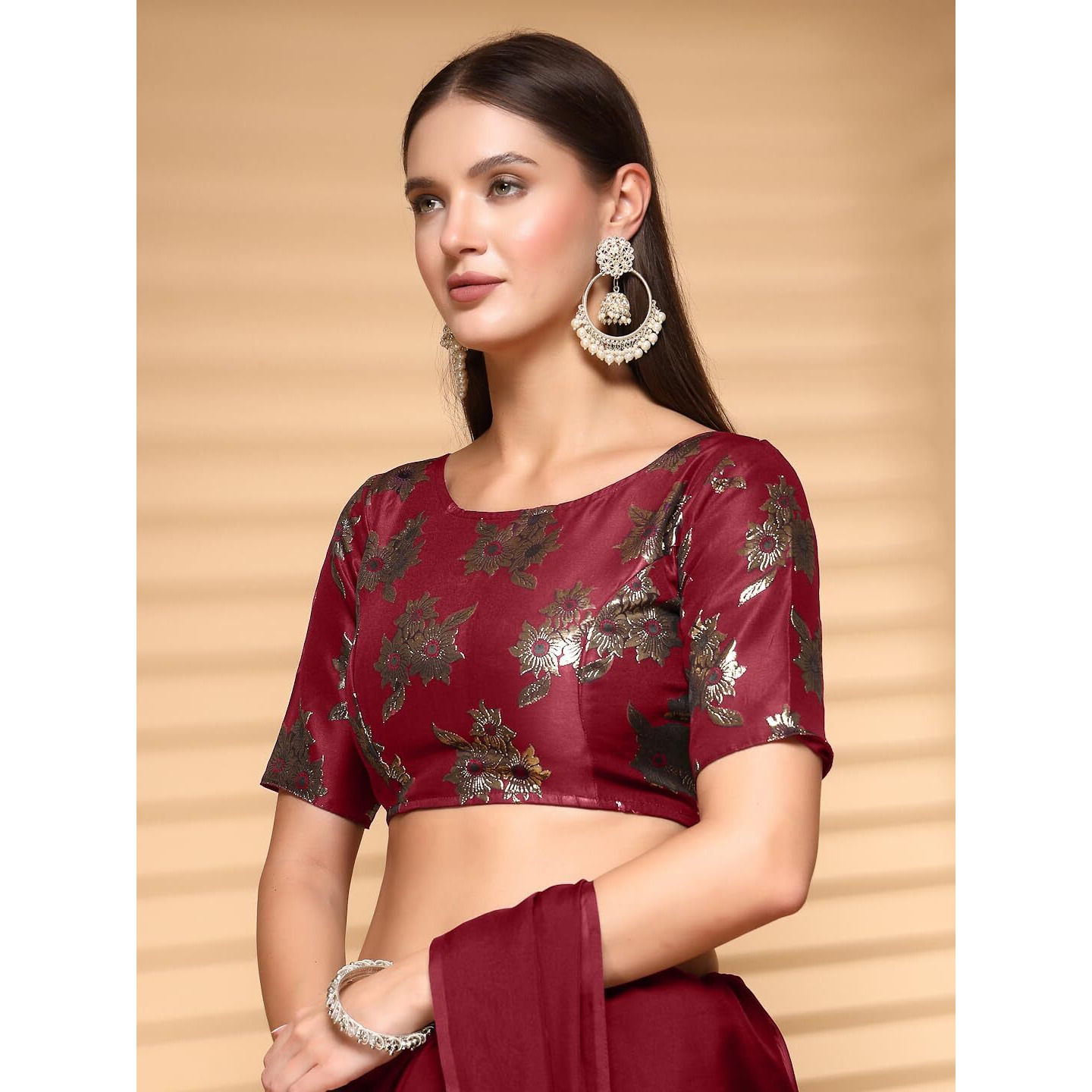 Oomph Women's Indian Ethnic Wear Designer Floral Pattern Zari Work Boat Neck Half Sleeve Maroon Color Brocade Readymade Blouse For Saree Or Lehnga And Fusion Twist. M