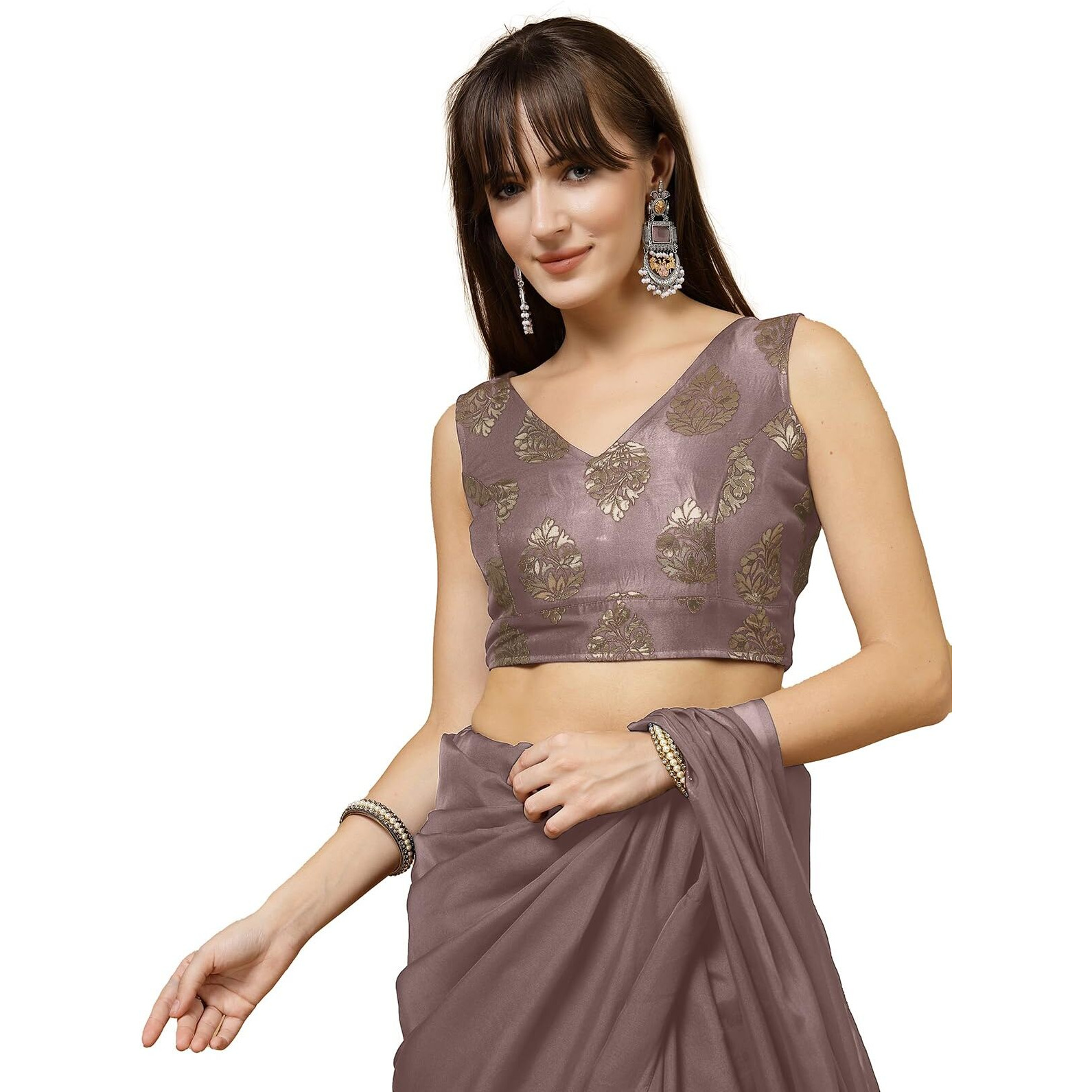 Oomph Women's Indian Ethnic Wear Designer Big Paisley Pattern Zari Work V Neck Sleeveless Sandcastle Beige Color Brocade Readymade Blouse For Saree Or Lehnga And Fusion Twist. L