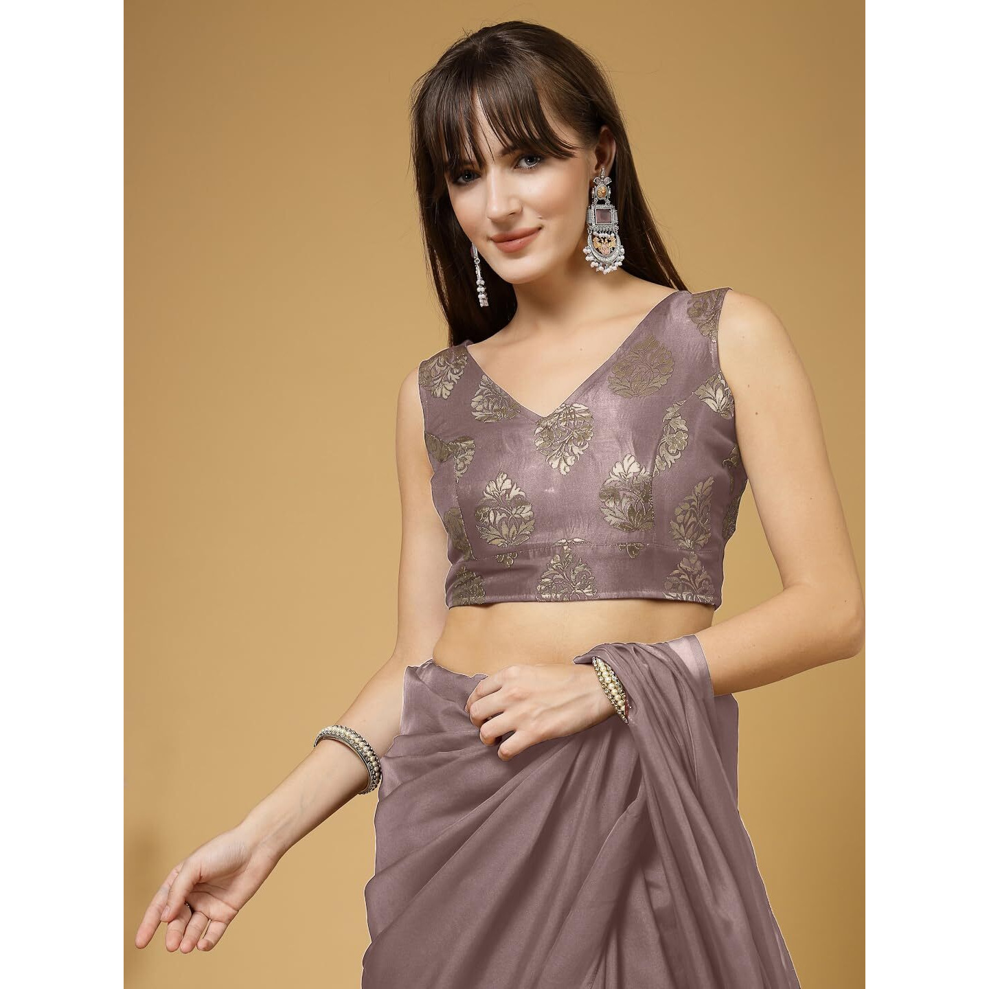 Oomph Women's Indian Ethnic Wear Designer Big Paisley Pattern Zari Work V Neck Sleeveless Sandcastle Beige Color Brocade Readymade Blouse For Saree Or Lehnga And Fusion Twist. L