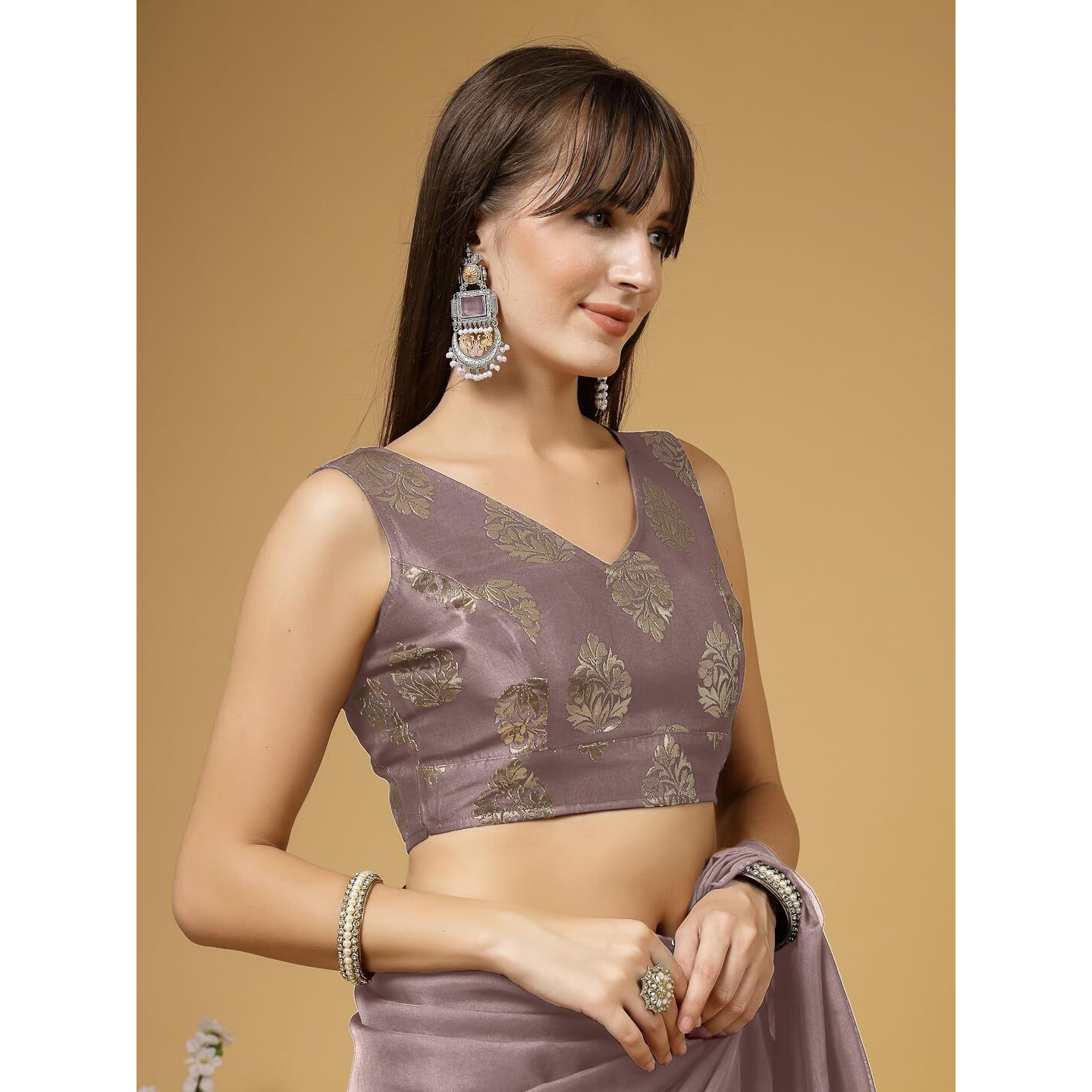 Oomph Women's Indian Ethnic Wear Designer Big Paisley Pattern Zari Work V Neck Sleeveless Sandcastle Beige Color Brocade Readymade Blouse For Saree Or Lehnga And Fusion Twist. L