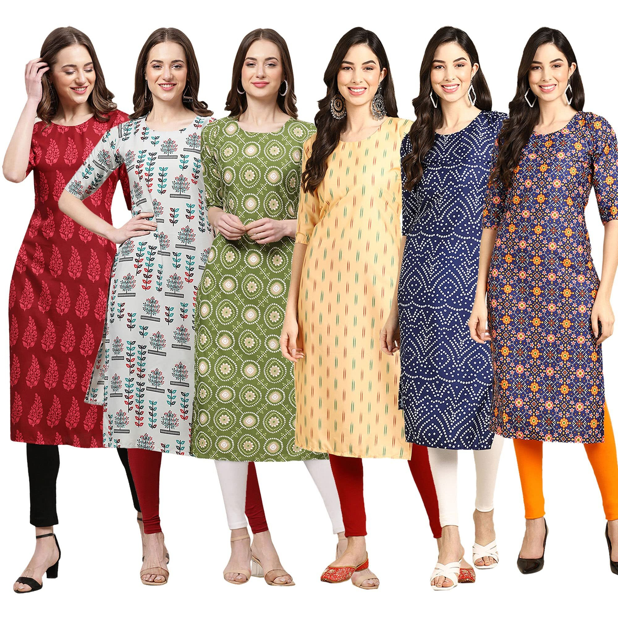 Pinkmint Women's Crepe Digital Print Straight Kurta Pack Of 6 [Cr-337-340-338-360-366-369-L]