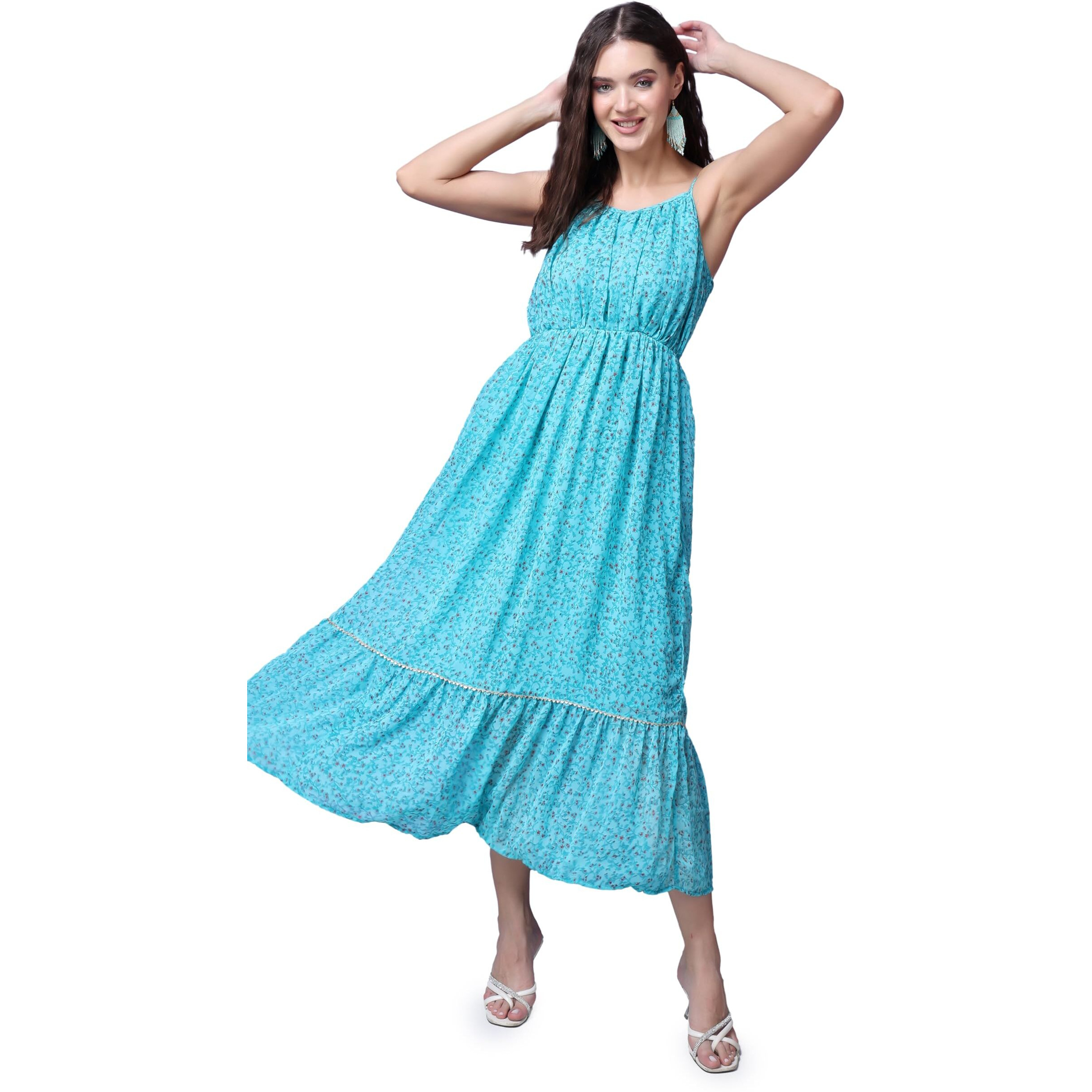 Popwings Casual Georgette Flare Maxi Dress For Women | Sleeveless Long Printed Stylish Dress Aqua Blue