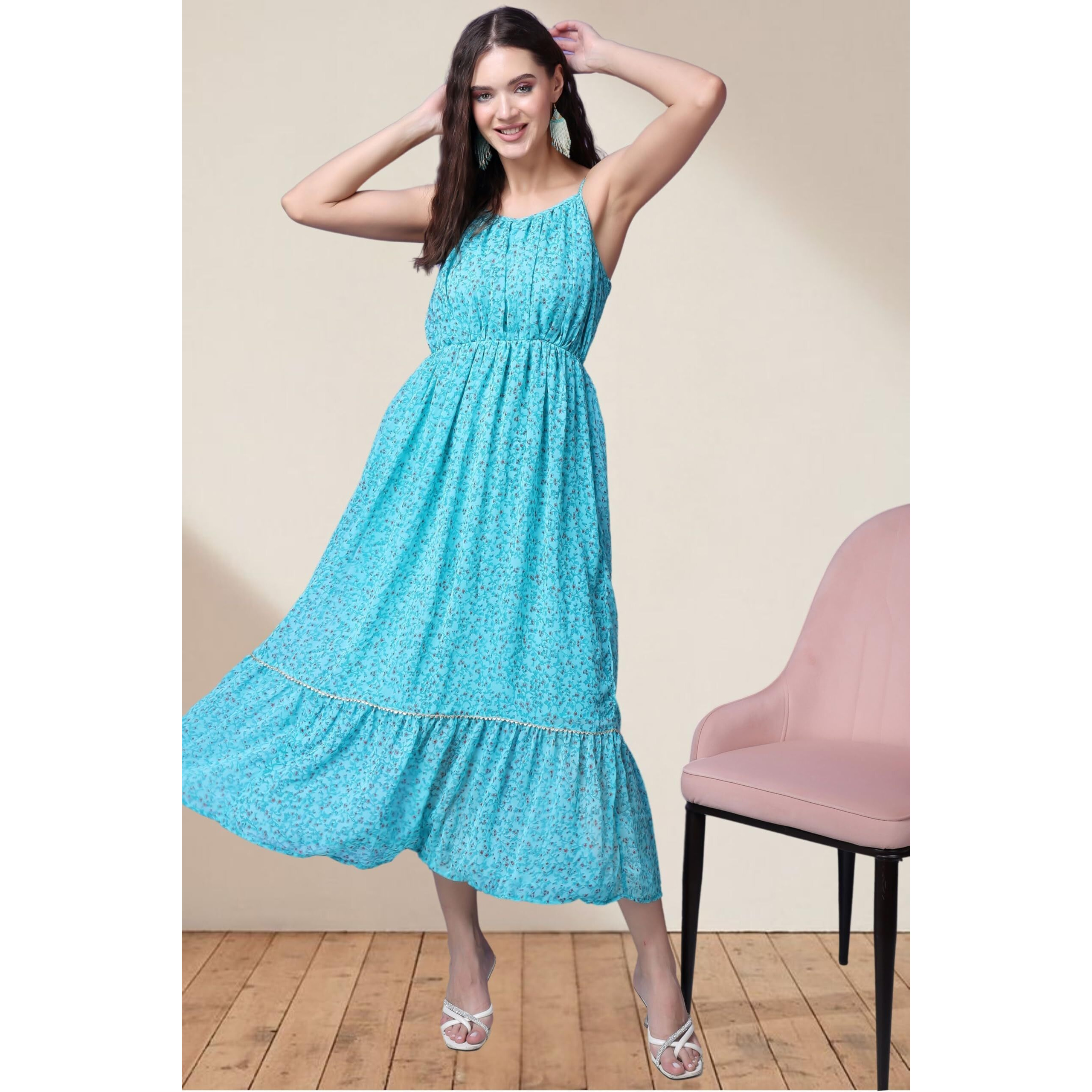 Popwings Casual Georgette Flare Maxi Dress For Women | Sleeveless Long Printed Stylish Dress Aqua Blue