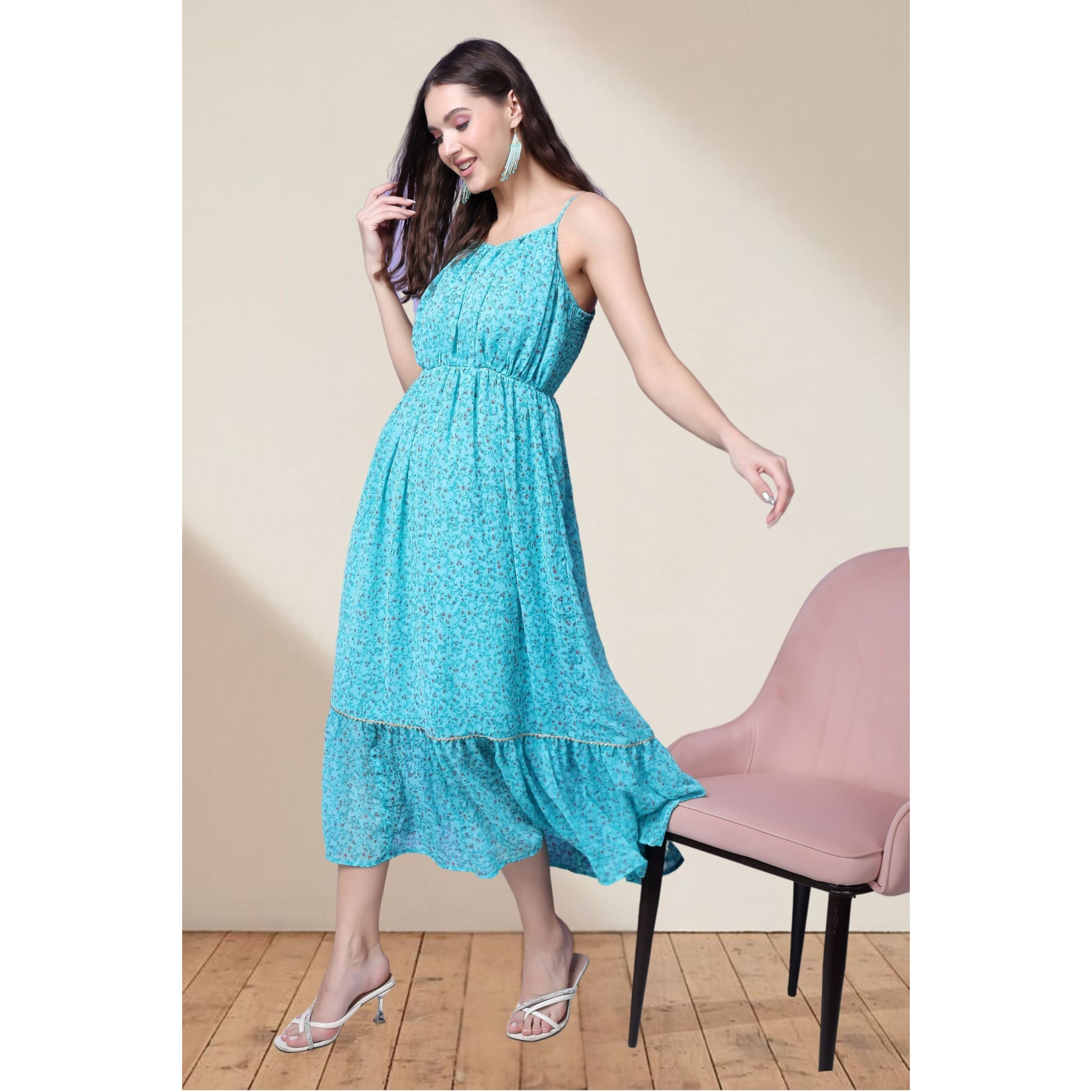 Popwings Casual Georgette Flare Maxi Dress For Women | Sleeveless Long Printed Stylish Dress Aqua Blue