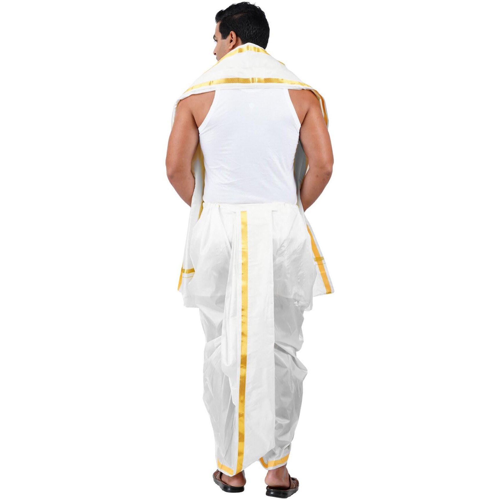 Prakasam Cotton Mens Asha (Polyester Blended) White Colour Panchakacham (Ready To Wear) Dhoti & Towel Set With Pocket (50K)