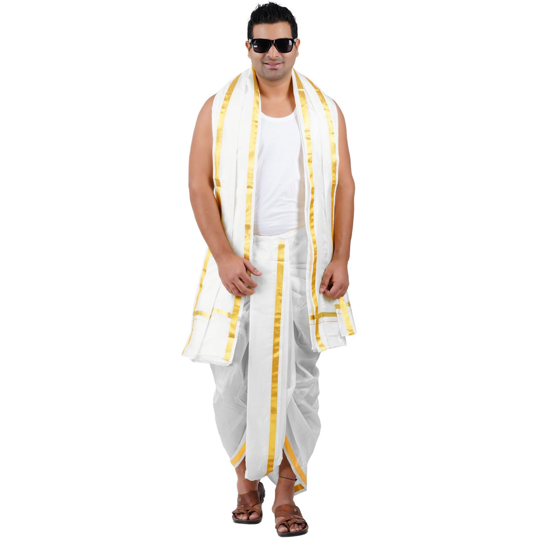 Prakasam Cotton Mens Asha (Polyester Blended) White Colour Panchakacham (Ready To Wear) Dhoti & Towel Set With Pocket (50K)