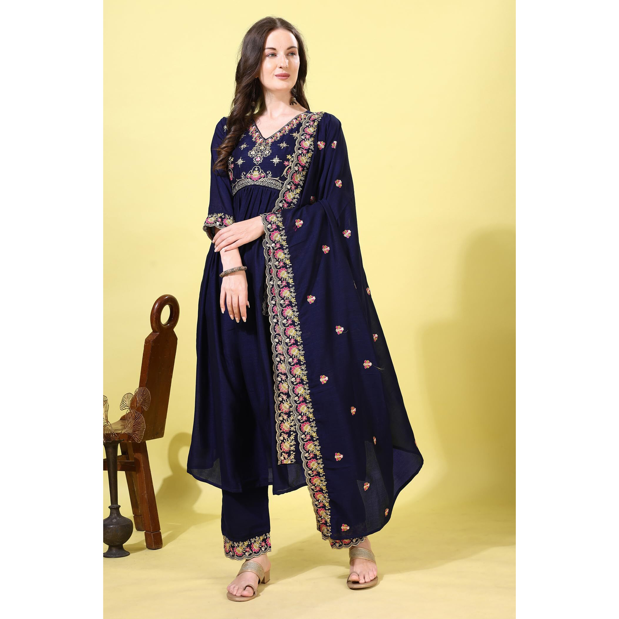 Pratham Blue Women's Silk Embroidered Anarkali Kurta Palazzos With Dupatta |Kurta Set For Women |Women Kurta |Women Embroidered Kurta Sets Kurtis (Bkp-1008-S_Blue)