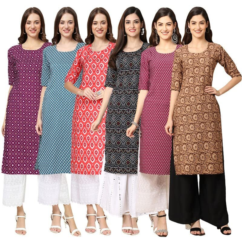 Pinkmint Women's Crepe Digital Print Straight Kurta [Pack Of 6] Multicolour