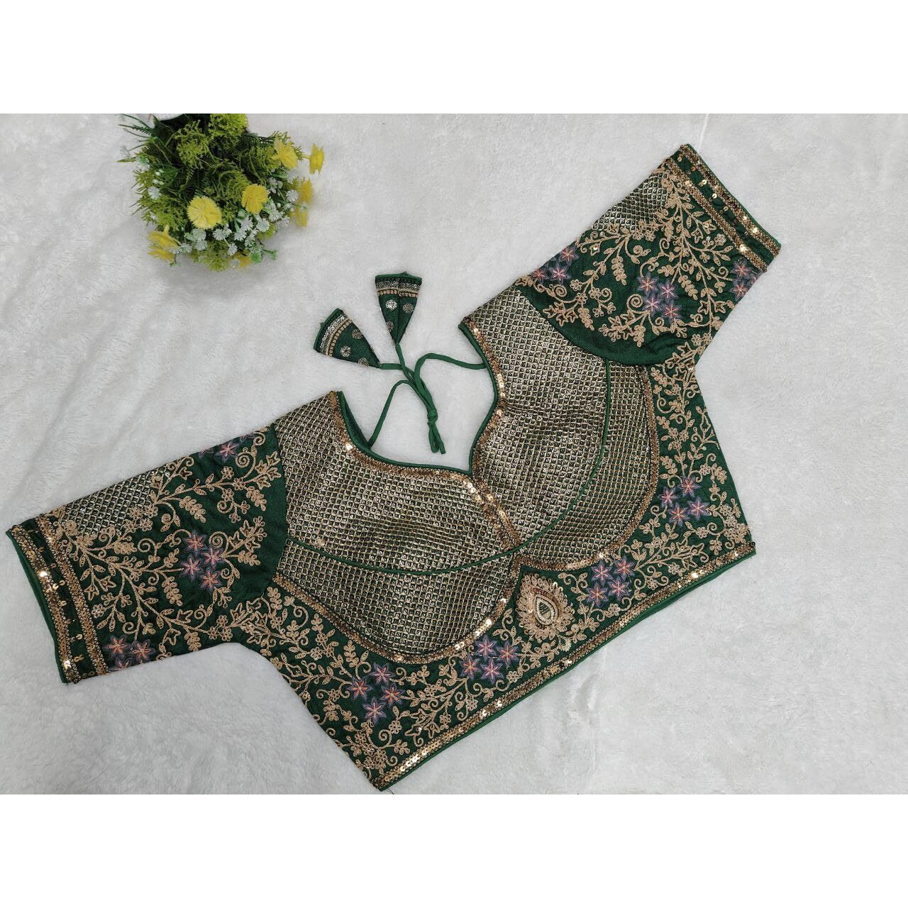 Pujia Mills Women's Readymade Bridal Kapdu Blouse Designe Embroidery Golden Coding Glitter Sequence Thread Work Indian Ethnic Designer Stitched Half Sleeve For Women Bridal Lehenga Choli