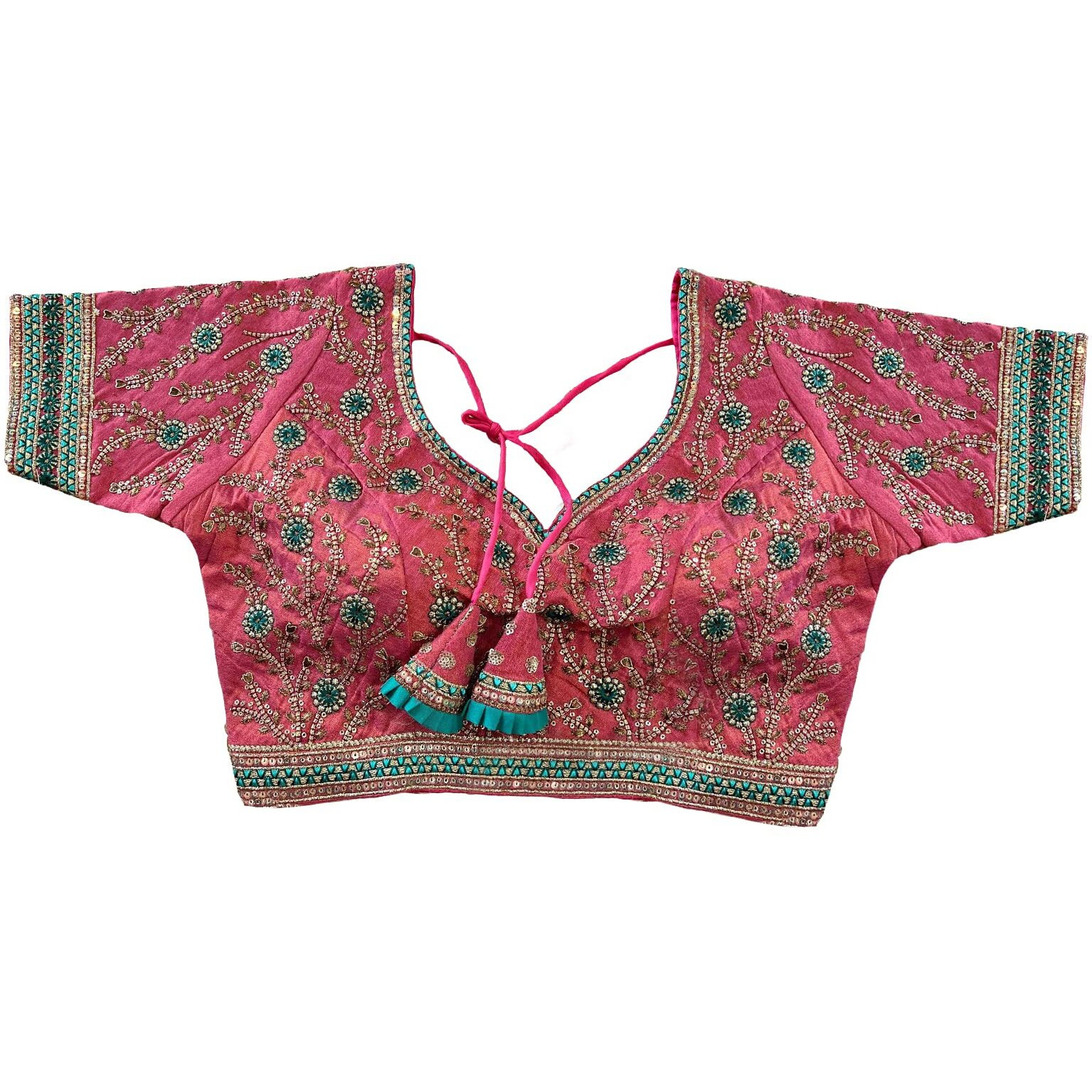 Pujia Mills Women's Milan Silk Embroidered With Sequins Work Half Sleeve Blouse (Indra Peach 42)