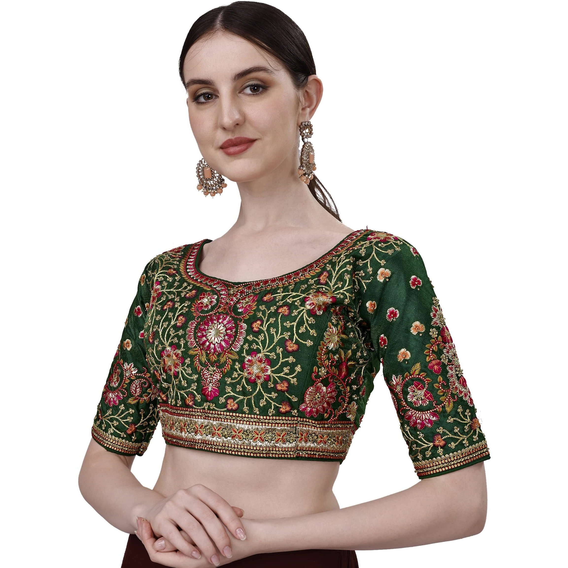 Pujia Mills Women's Heavy Multi Codding Embroidery With Diamond Work Half Sleeve Green Trendy Blouse(Heer Green_38)