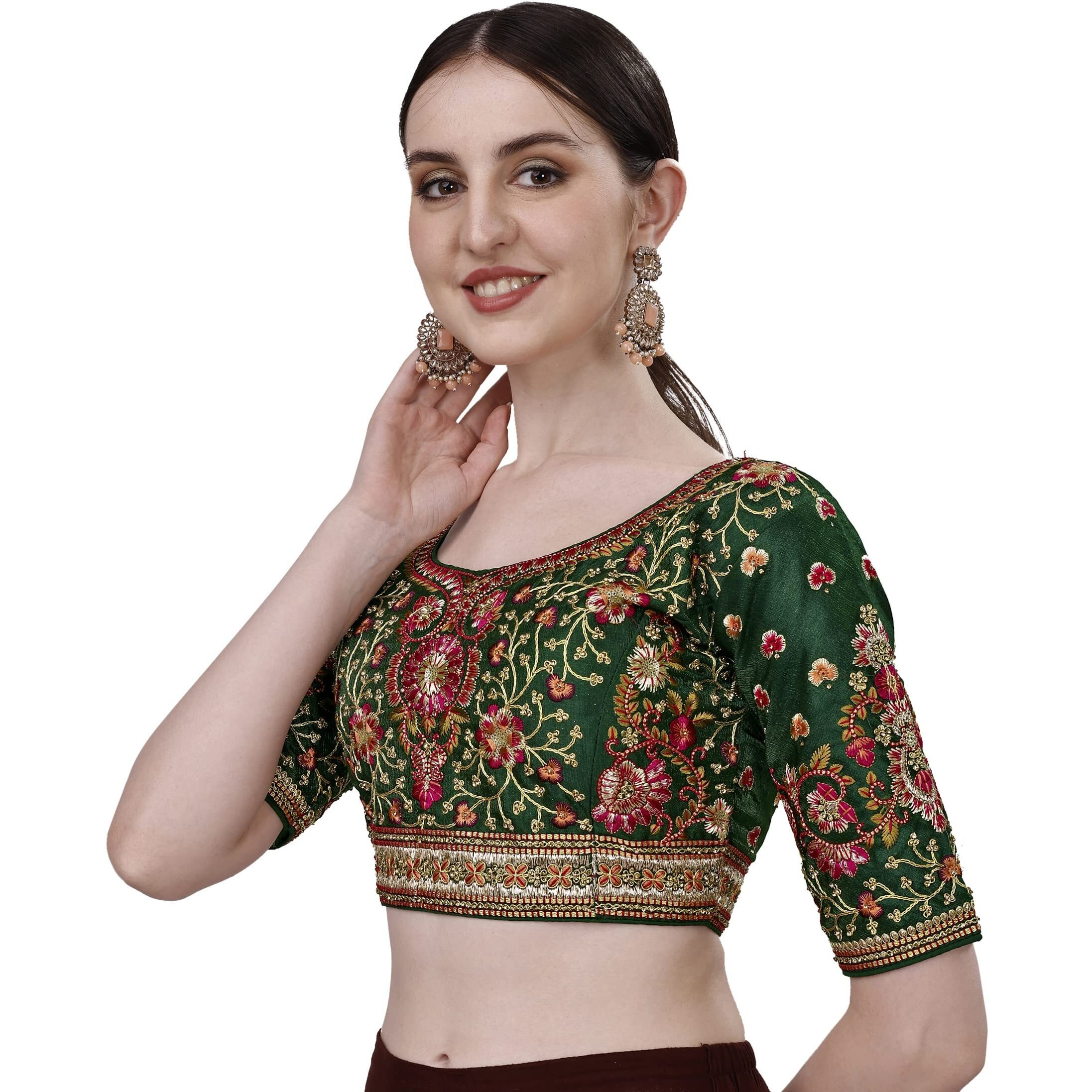 Pujia Mills Women's Heavy Multi Codding Embroidery With Diamond Work Half Sleeve Green Trendy Blouse(Heer Green_38)