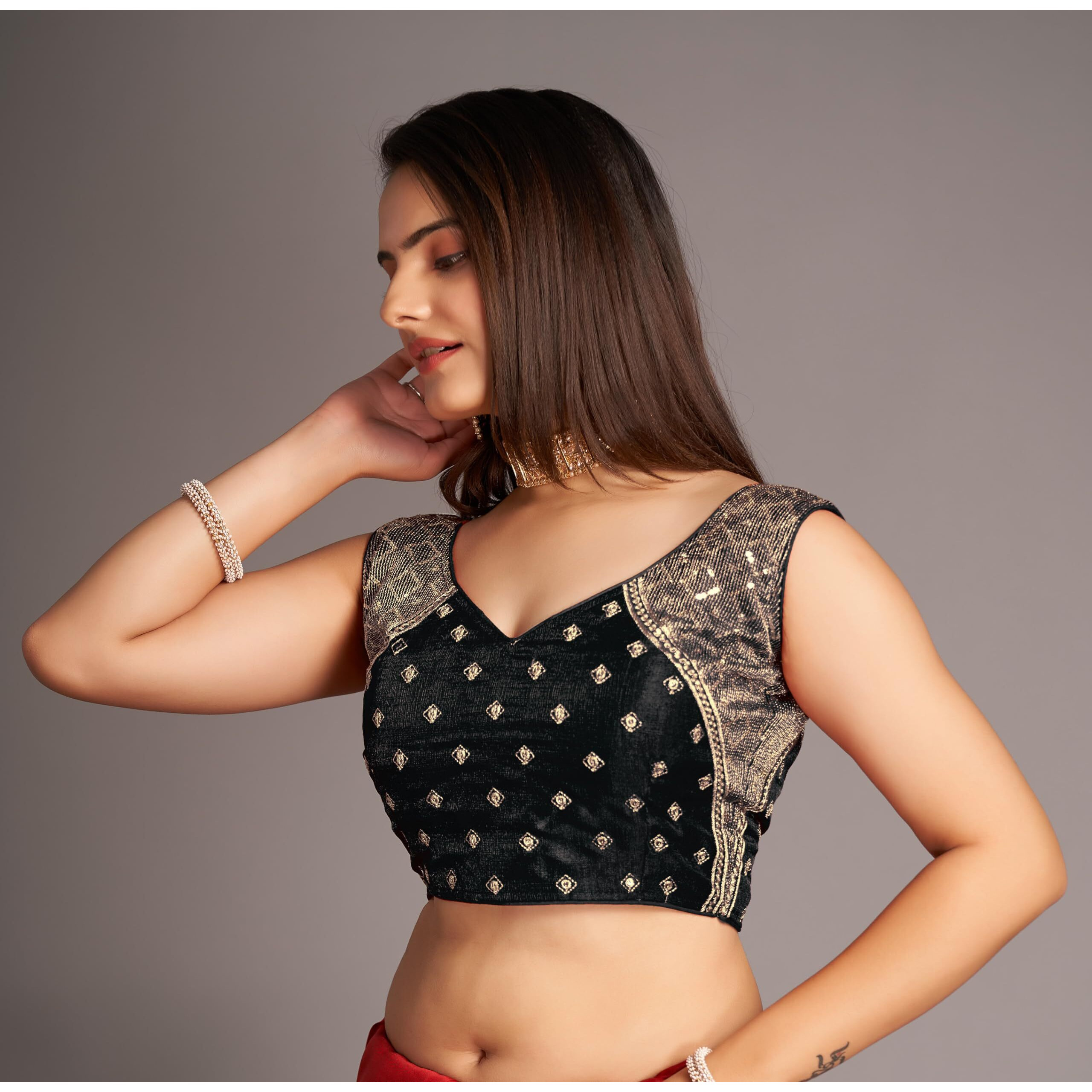 Pujia Mills Women's Sequin Embroidered V Neck Sleeveless Black Readymade Saree Blouse Indian Ethnic Stitched Padded Blouses For Women