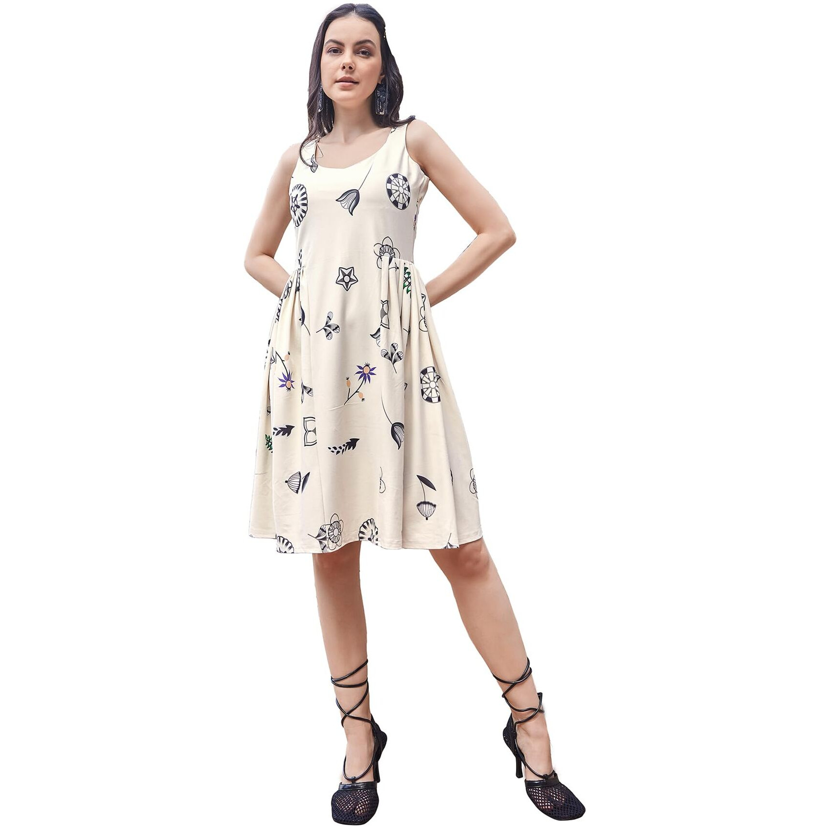 Purvaja Womens Ruched Knee Length Dress (Wini-020-Dream_Off White_Xx-Large)