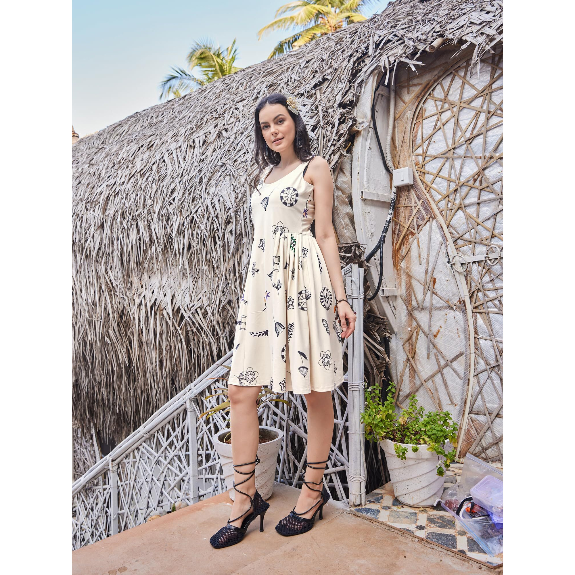 Purvaja Womens Ruched Knee Length Dress (Wini-020-Dream_Off White_Xx-Large)