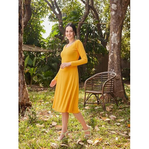 Purvaja Womens Flared Knee Length Dress (Wini-114_Yellow_Medium)