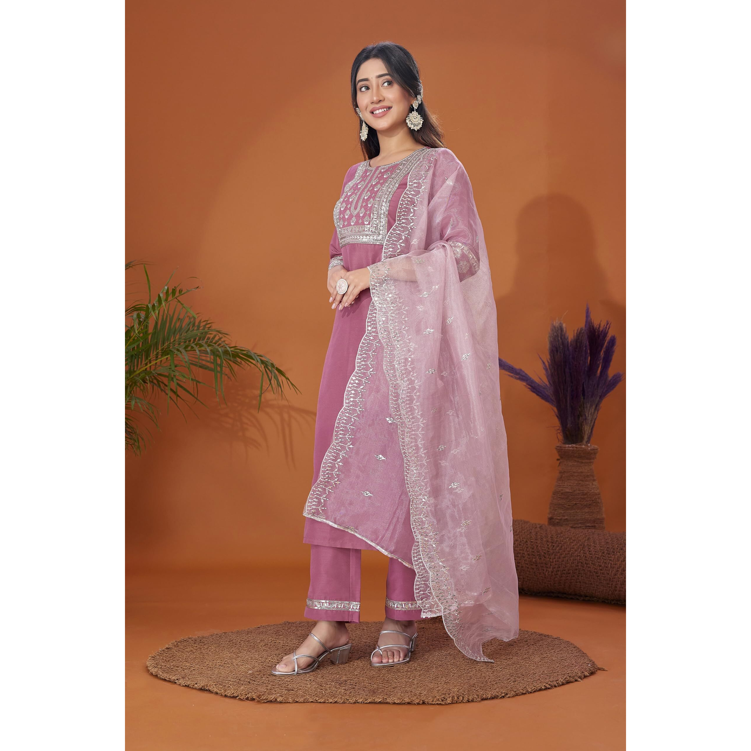 Sanisa Women's Cotton Blend Embroidery Straight Kurta With Pant And Embroidery Lace Work Dupatta (109Kbd1192Nz-M_Dusty Pink)