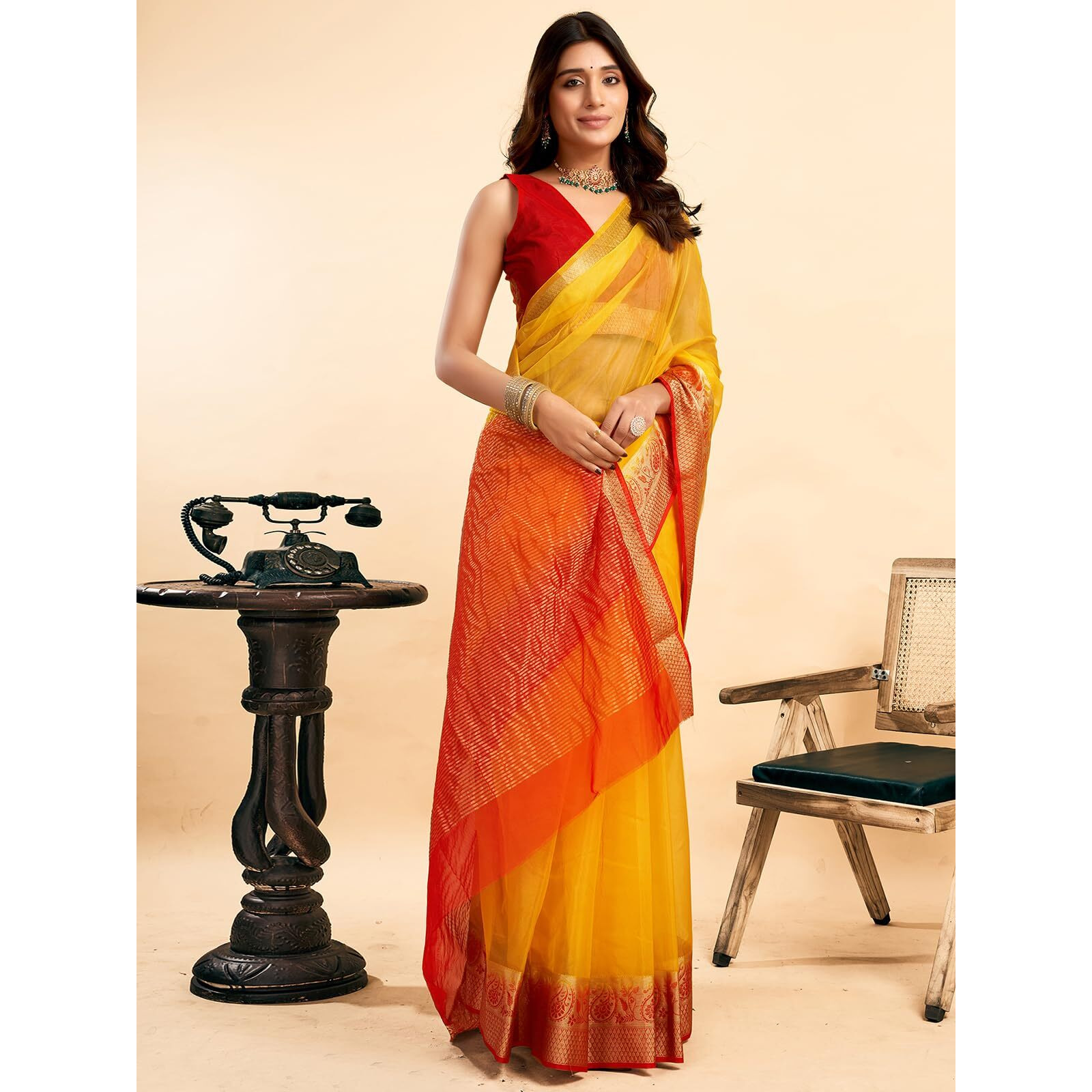 Satrani Women's Organza Saree (3992S602N_Yellow & Red)
