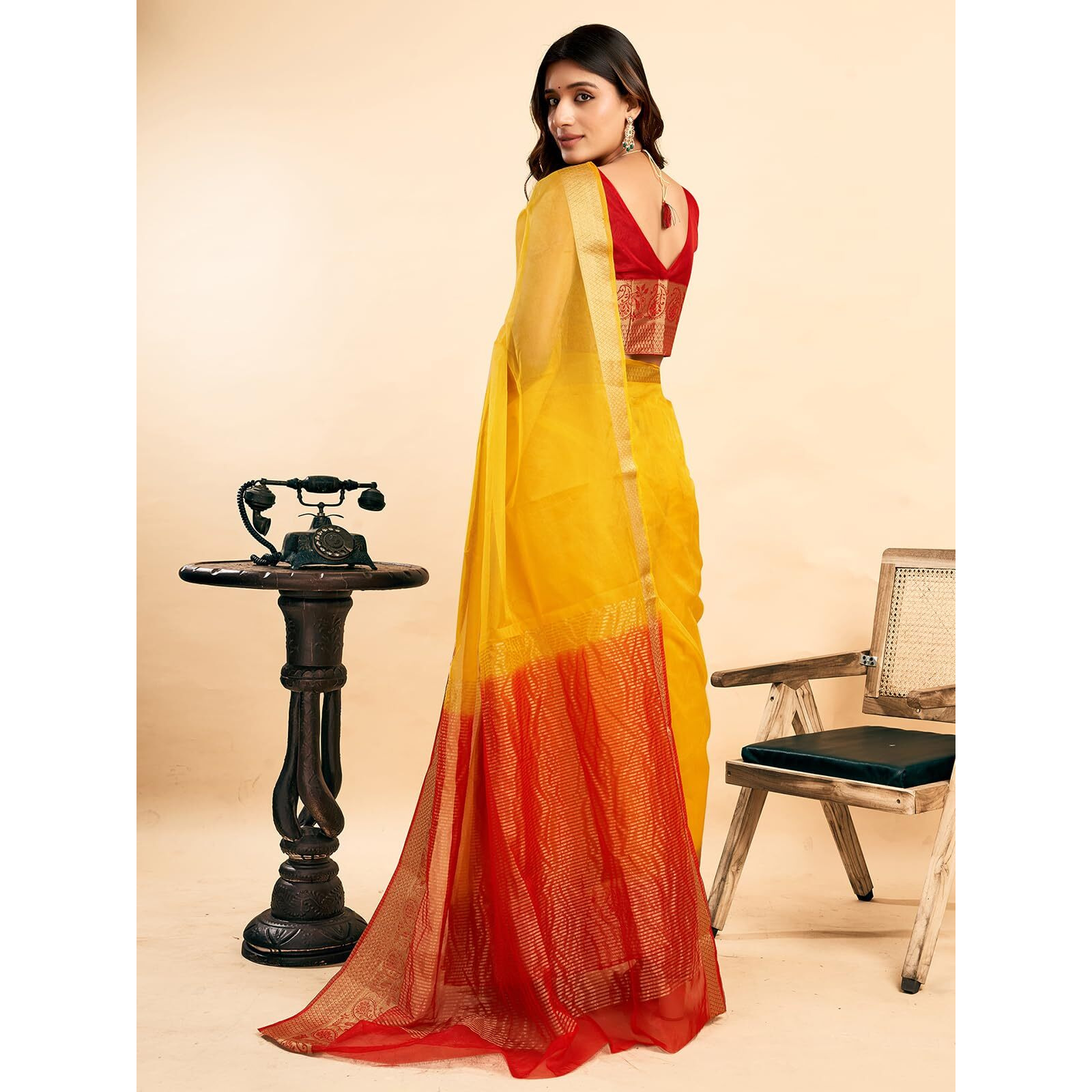 Satrani Women's Organza Saree (3992S602N_Yellow & Red)