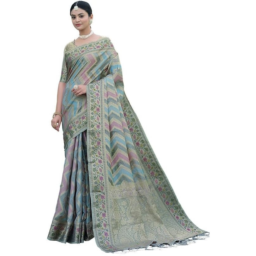 Satrani Women's Organza Banarasi Jacquard Saree With Unstitched Blouse Piece (3086S142N_Light Grey)